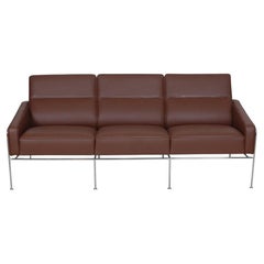 Retro Arne Jacobsen 3 Pers 3303 Airport Sofa Reupholstered with Mokka Brown Leather