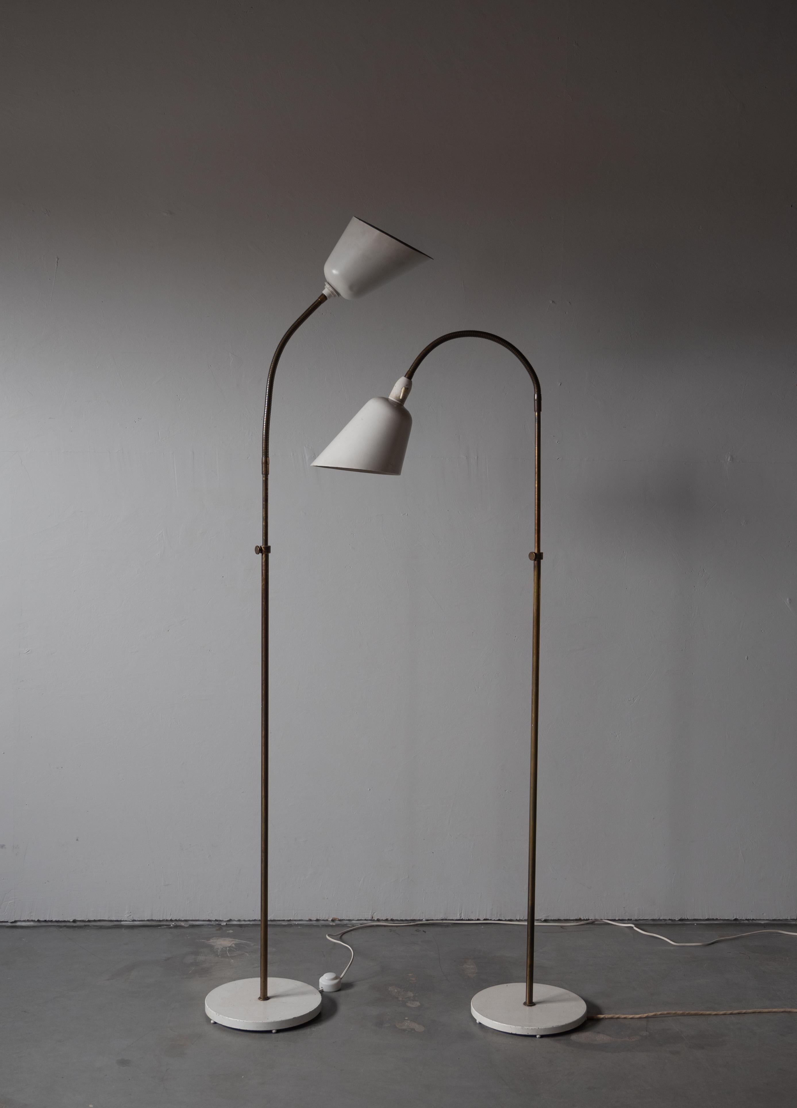 Scandinavian Modern Arne Jacobsen, Adjustable Floor Lamps, Brass, Lacquered Metal, Denmark, 1929