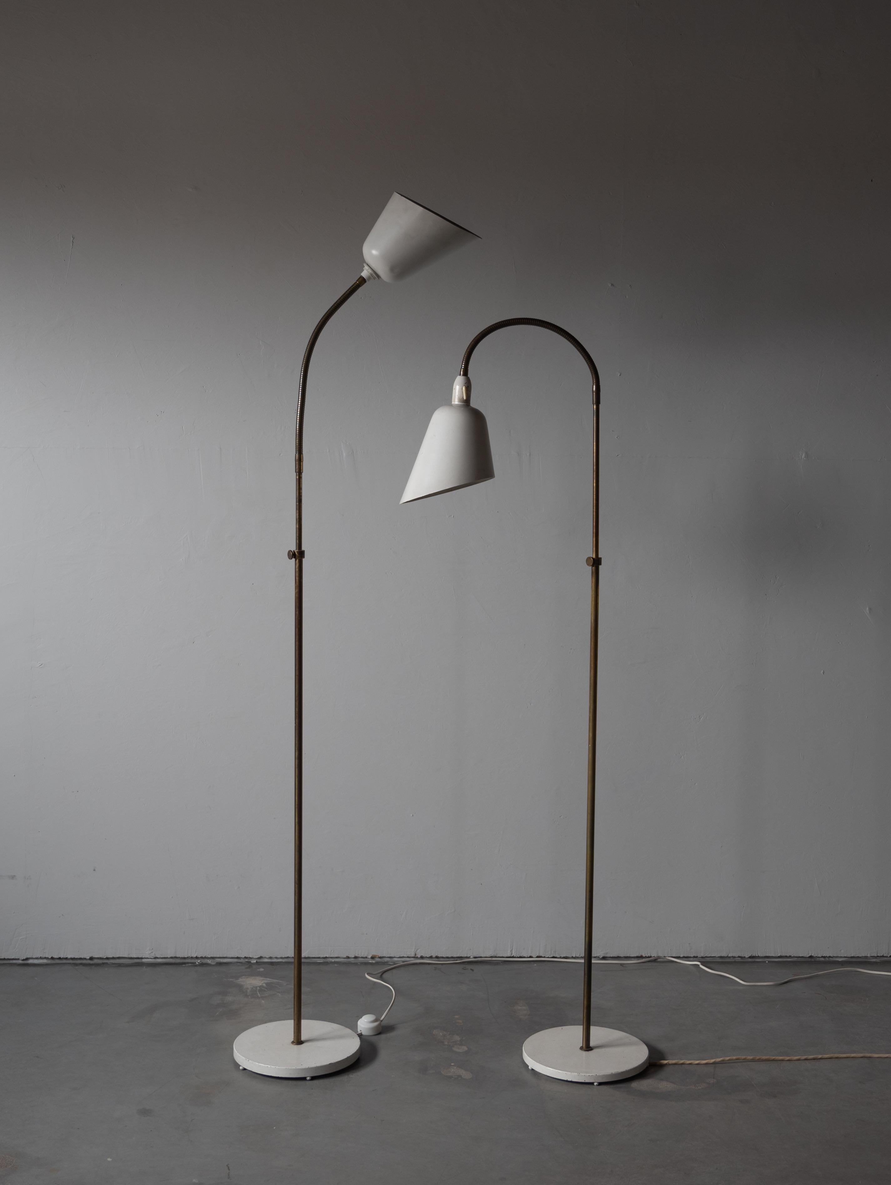Danish Arne Jacobsen, Adjustable Floor Lamps, Brass, Lacquered Metal, Denmark, 1929