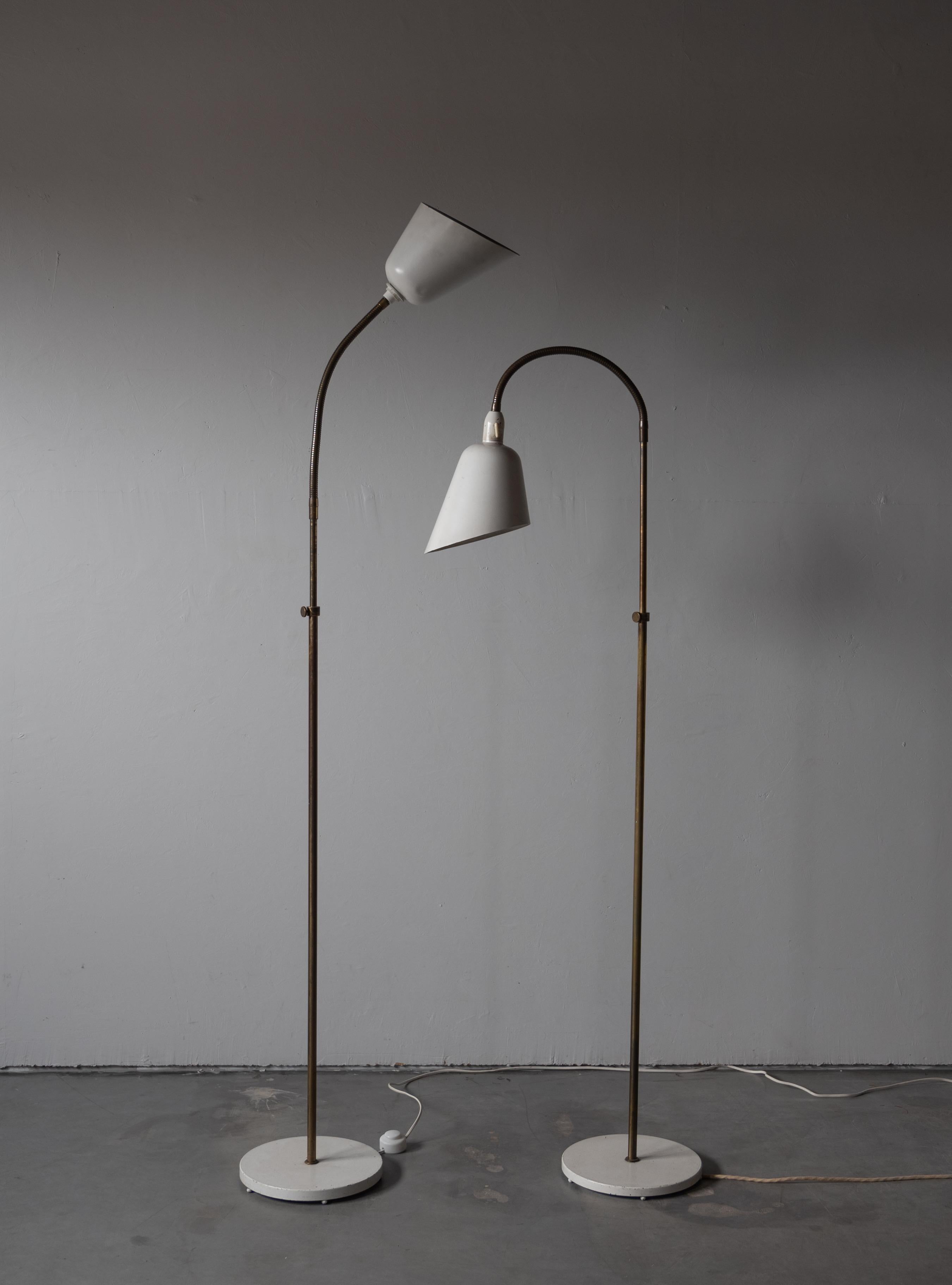 Arne Jacobsen, Adjustable Floor Lamps, Brass, Lacquered Metal, Denmark, 1929 In Fair Condition In High Point, NC
