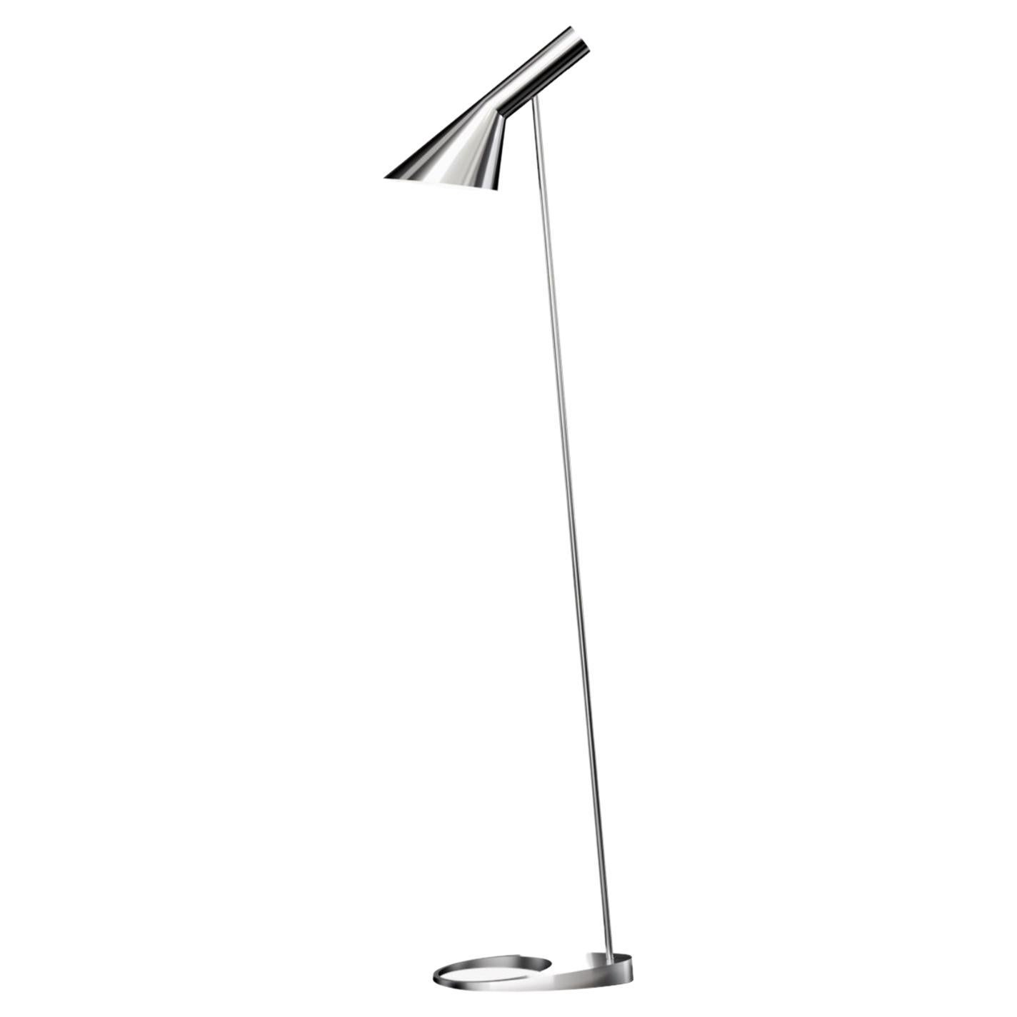 Arne Jacobsen AJ Floor Lamp 1957 in Polished Stainless Steel for Louis Poulsen For Sale