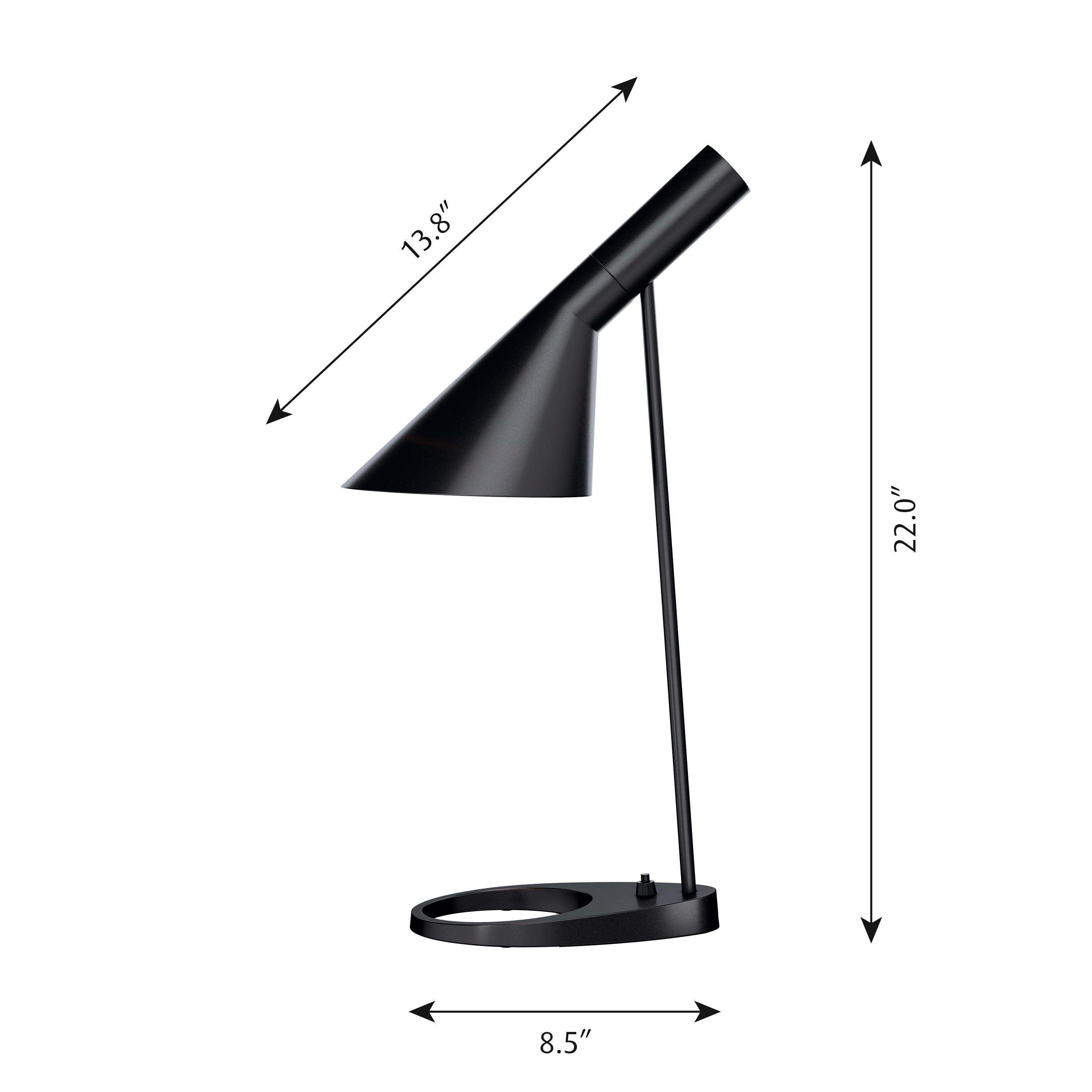 Arne Jacobsen AJ Table Lamp in Black for Louis Poulsen.

The AJ series was part of the lighting collection renowned Danish designer Arne Jacobsen created for the original SAS Royal Hotel in 1957. Today, his furniture and lighting designs are sought
