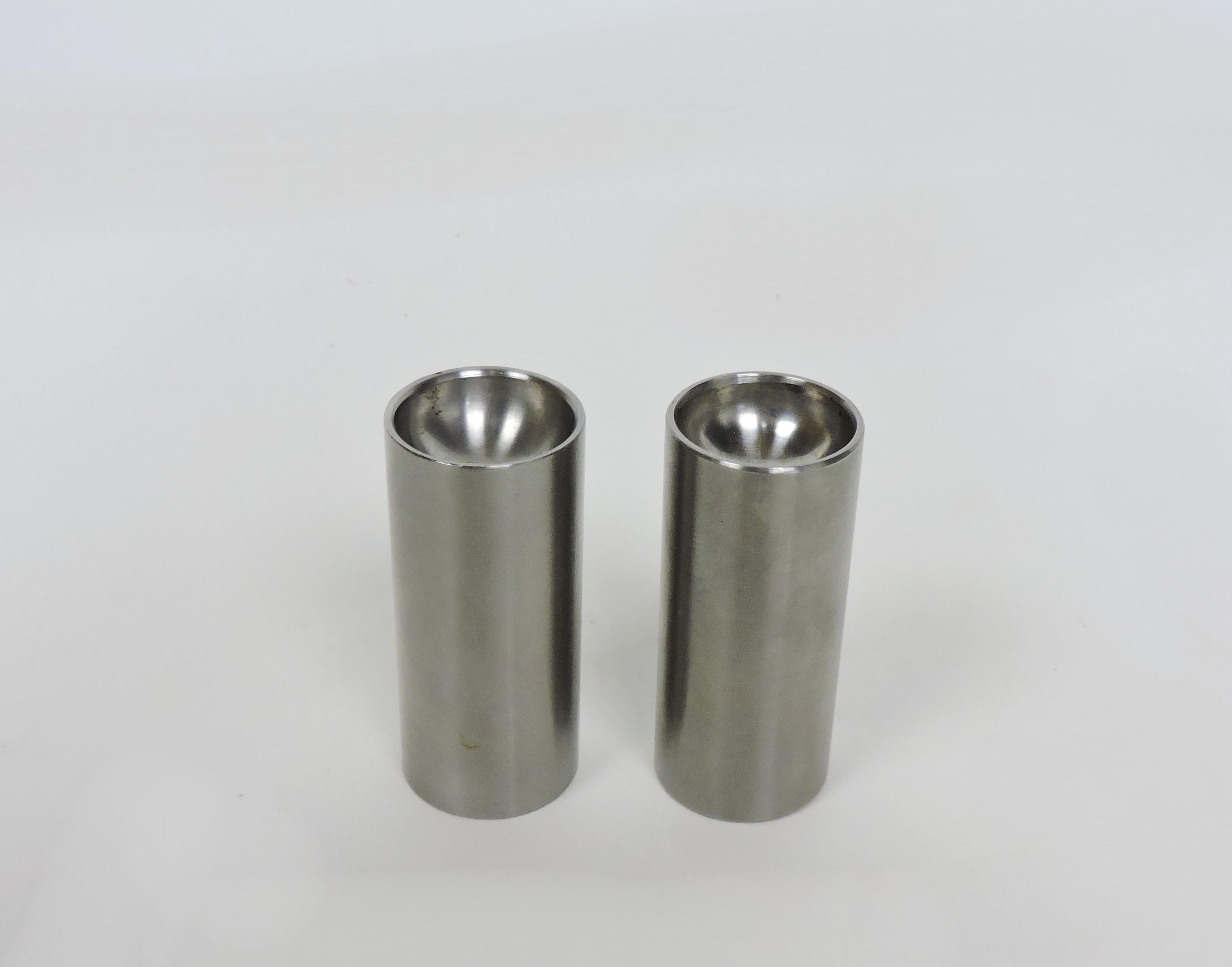 Brushed Arne Jacobsen Cylinda Danish Modern Stainless Steel Salt & Pepper Shakers For Sale