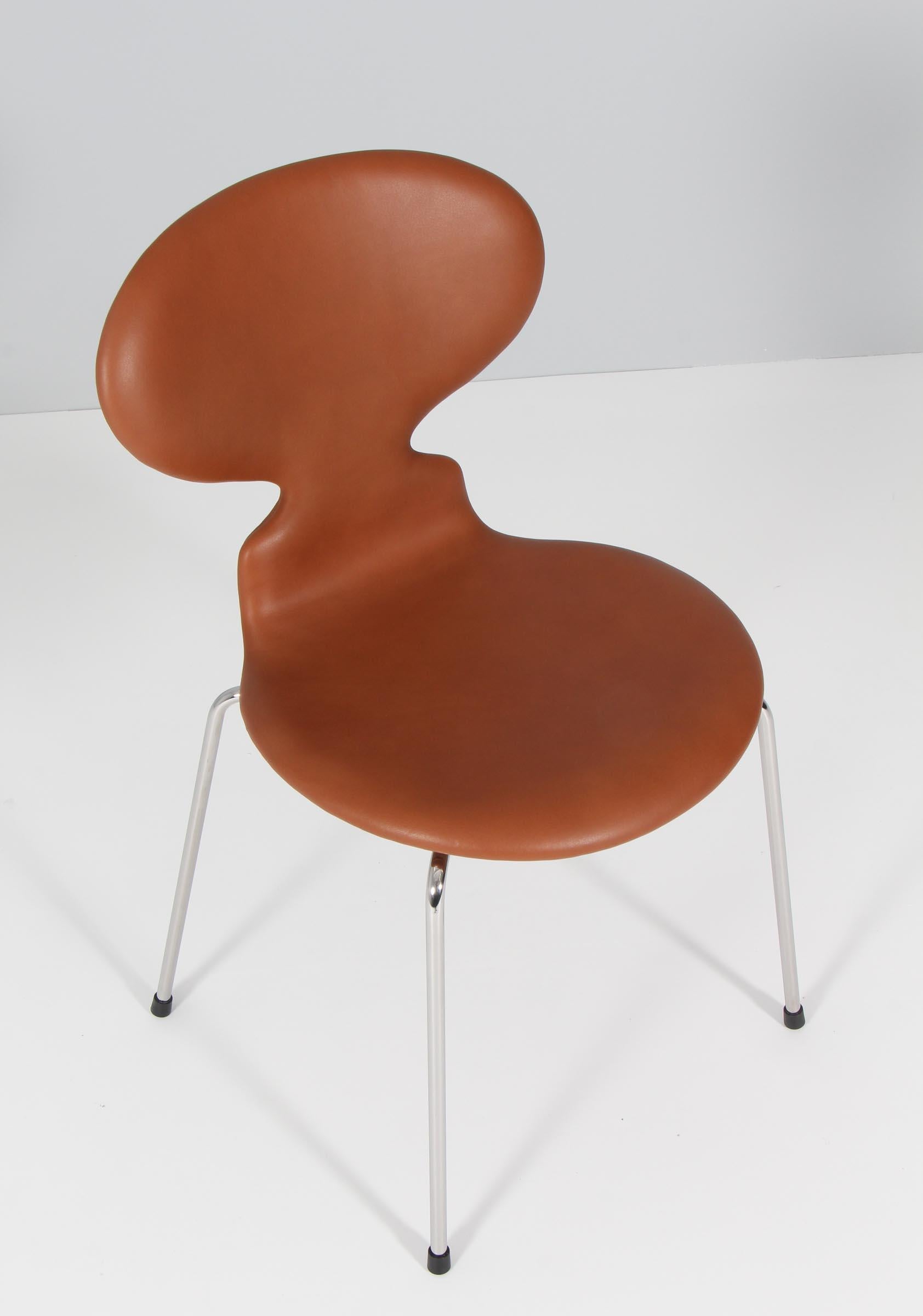 Arne Jacobsen Esszimmerstühle, neu gepolstert mit cognacfarbenem Anilinleder. 

Verchromter Sockel. 

Modell 3101 