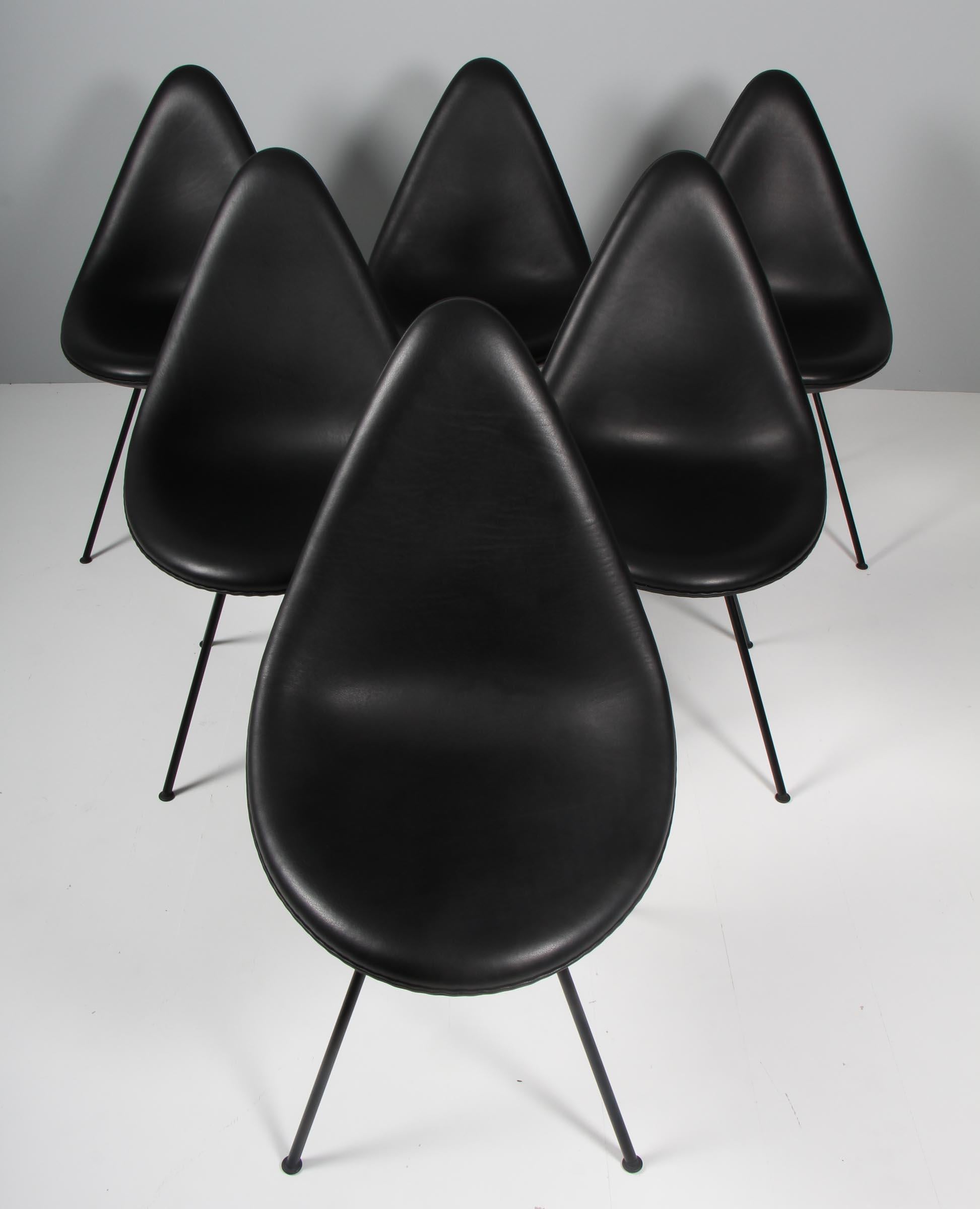 Chaises de salle à manger Arne Jacobsen, nouvellement recouvertes de cuir aniline noir.

Pieds en acier peint par poudrage.

Modèle 3110 