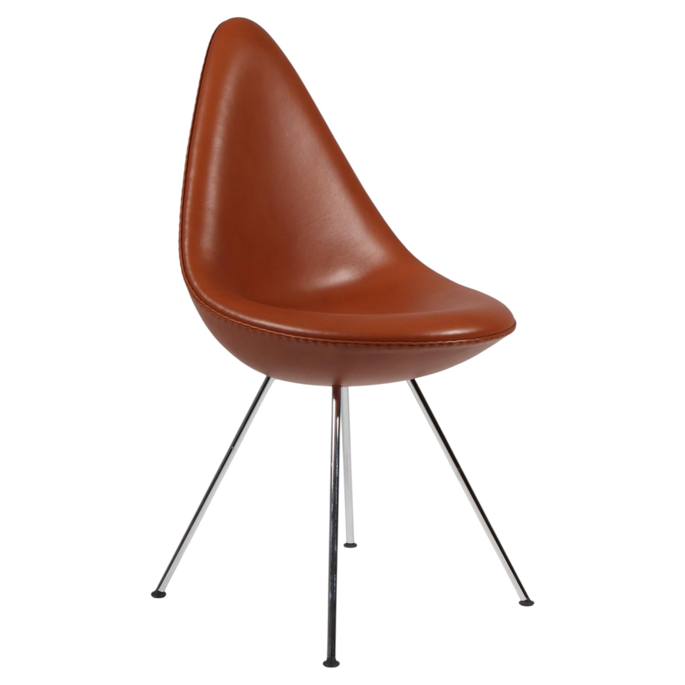 Arne Jacobsen, Sedia da pranzo modello 3110, Sedia a ribalta, pelle pura anilina marrone