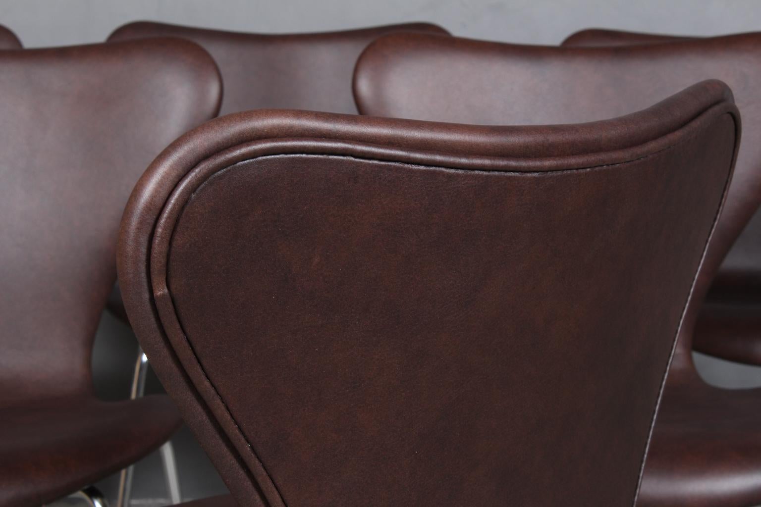 Arne Jacobsen Dining Chair, Model ''Syveren'' 3107, Mokka Aniline Leather For Sale 1