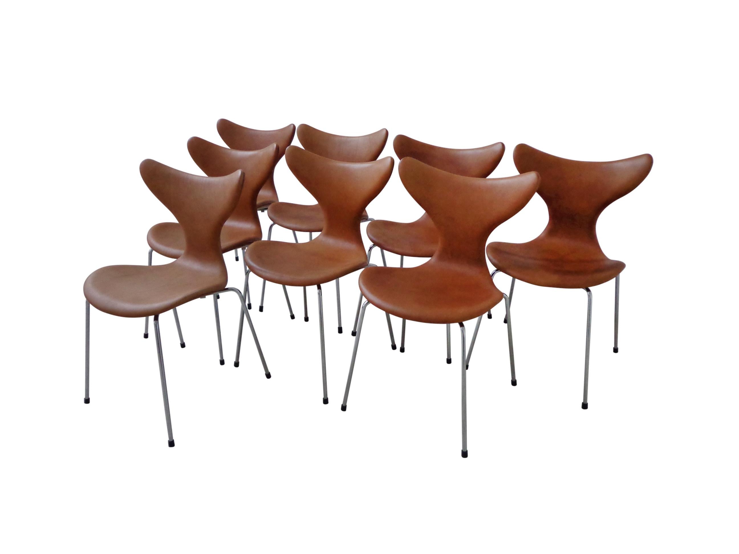 Scandinavian Modern Arne Jacobsen Dining Chairs Cognac Leather Model Lily 1970s Fritz Hansen Denmark