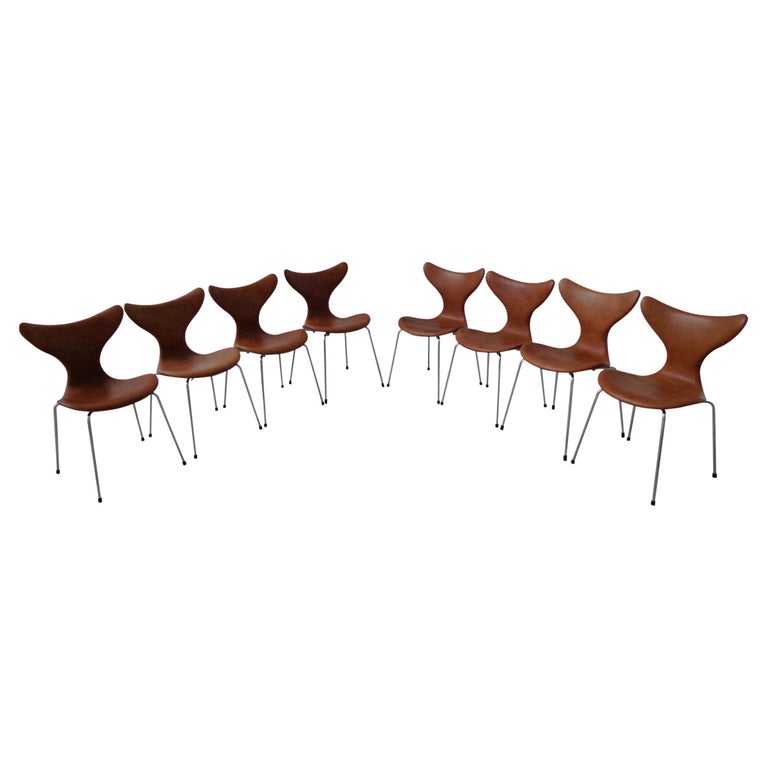 Arne Jacobsen Dining Chairs Cognac Leather Model Lily 1970s Fritz Hansen Denmark For Sale