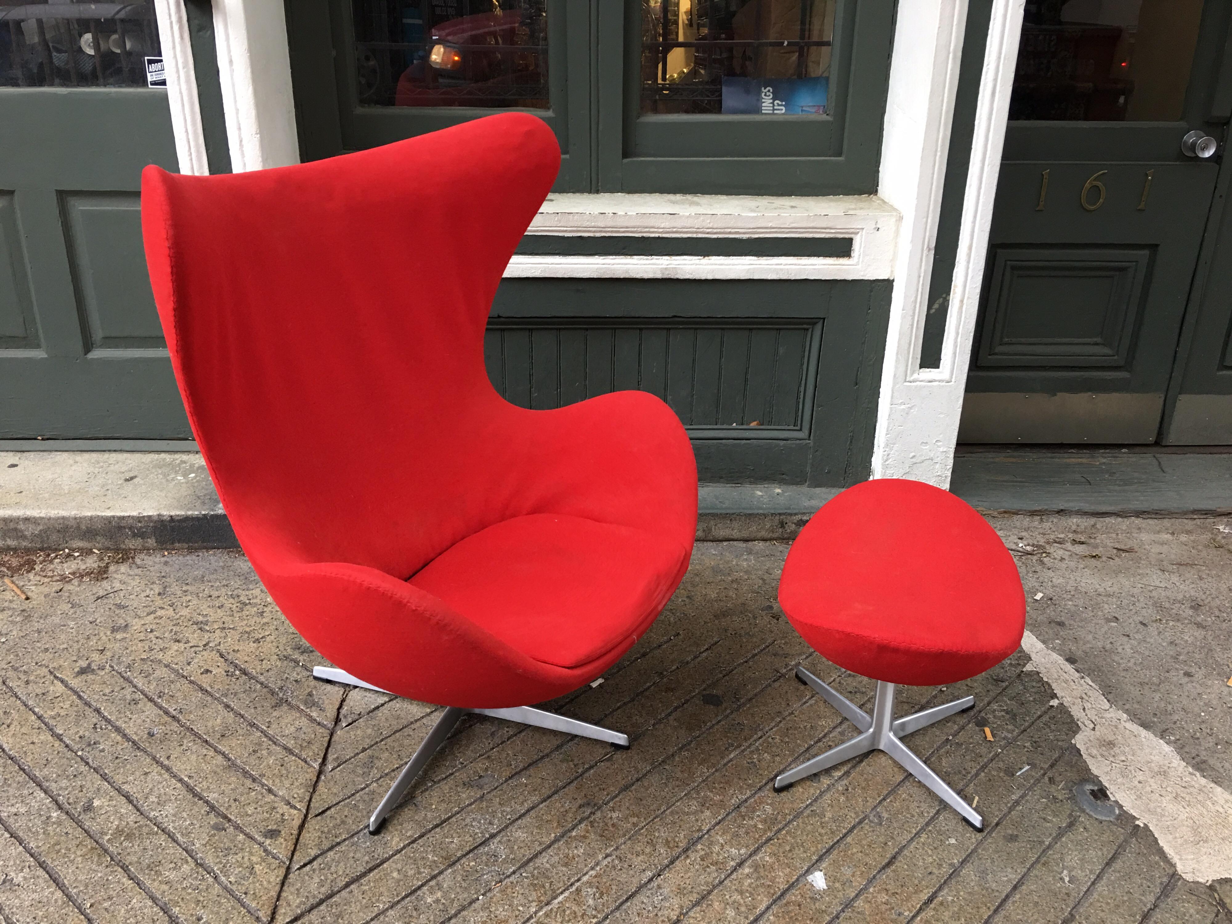 Nice very original egg chair and ottoman designed by Arne Jacobsen. This one is dated 1967, ready to be redone in your fabric! We offer upholstery services for this Classic chair. We also have one chair available without an ottoman, but it has the