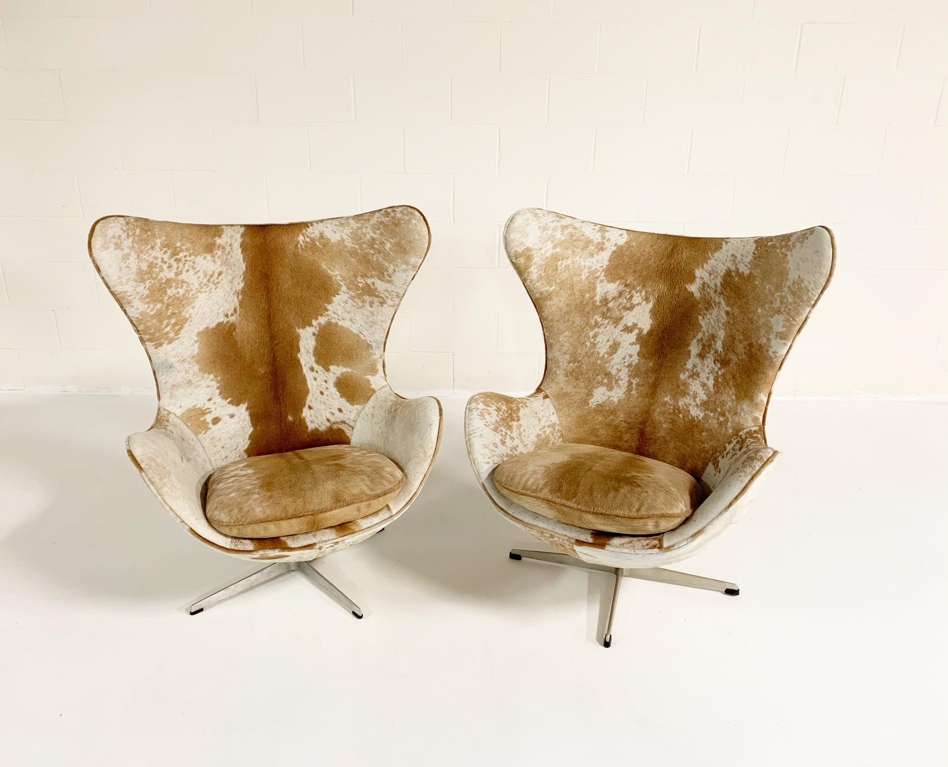 Danish Arne Jacobsen Egg Chairs and Ottoman in Brazilian Cowhide
