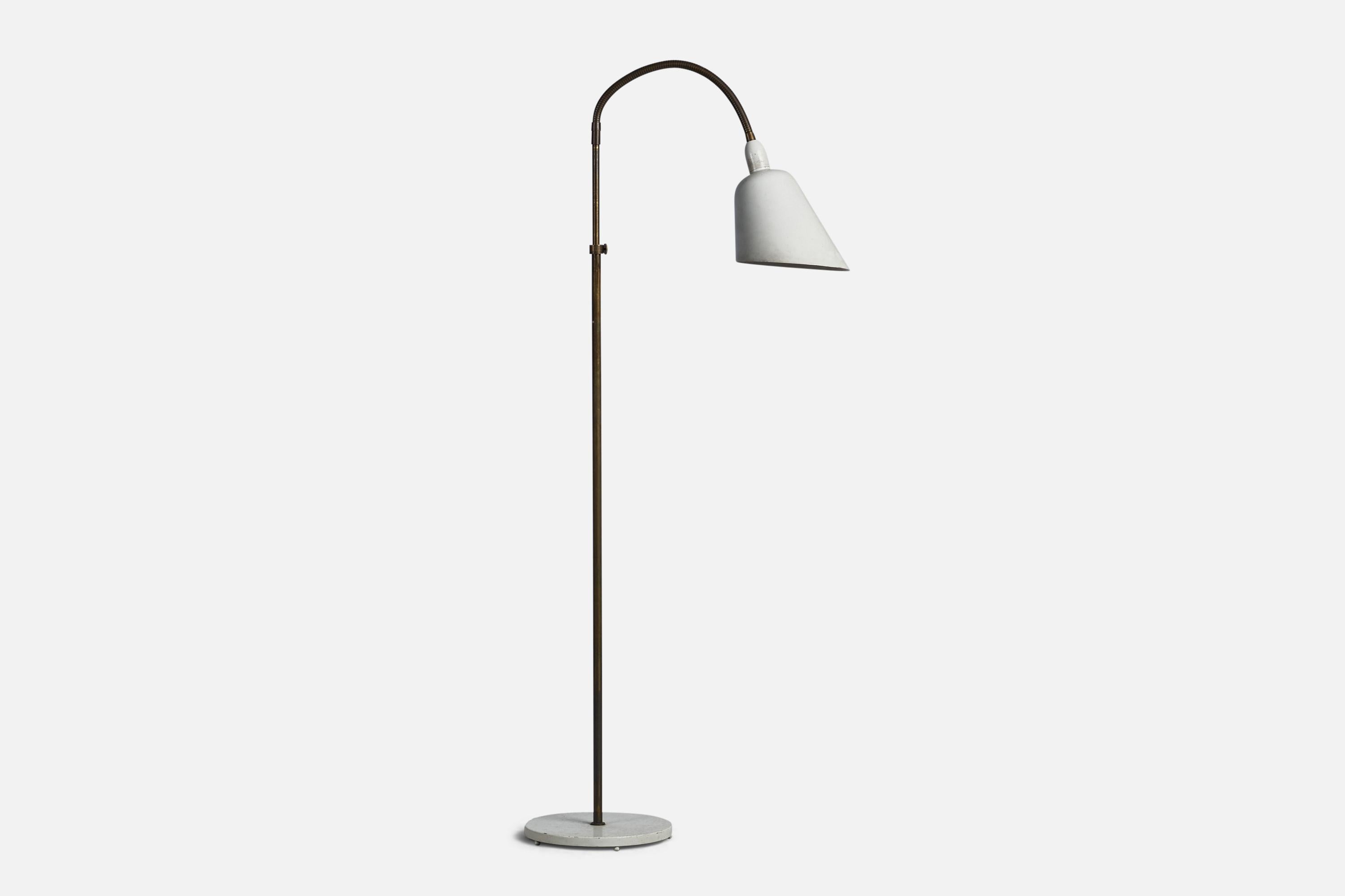 An adjustable brass and white-lacquered metal floor lamp designed by Arne Jacobsen and produced by Louis Poulsen, Denmark, c. 1930s.
Overall Dimensions (inches): 52.75” H x 7” W x 23” D

Bulb Specifications: E-14 Bulb
Number of Sockets: 1
All