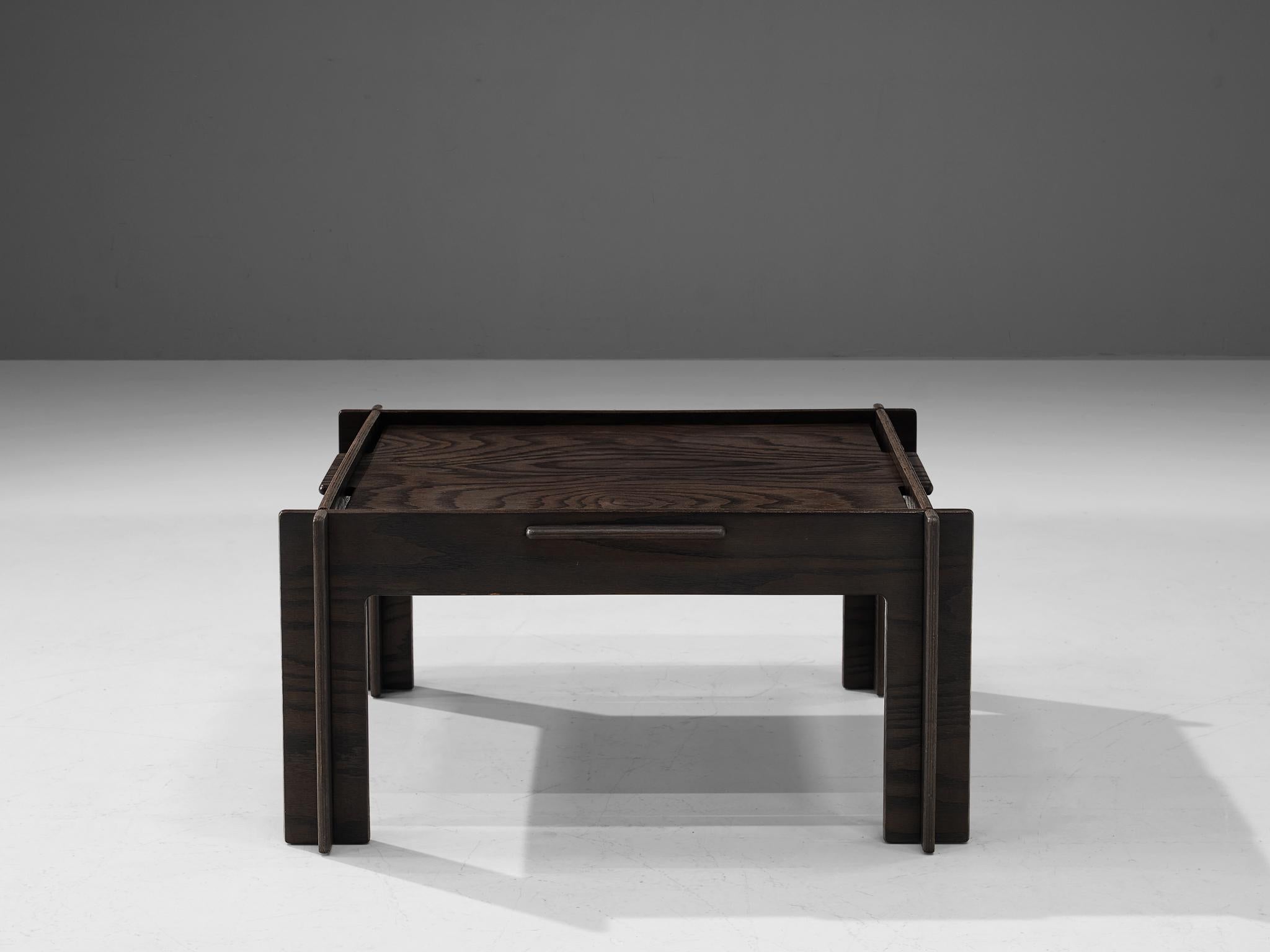 Arne Jacobsen for Asko, coffee table, model 'Rover', plywood, Denmark, 1968. 

Stunning, small coffee table designed by Arne Jacobsen for Asko. The coffee table has a sculptural, almost architectural look. This is mainly achieved by the legs that