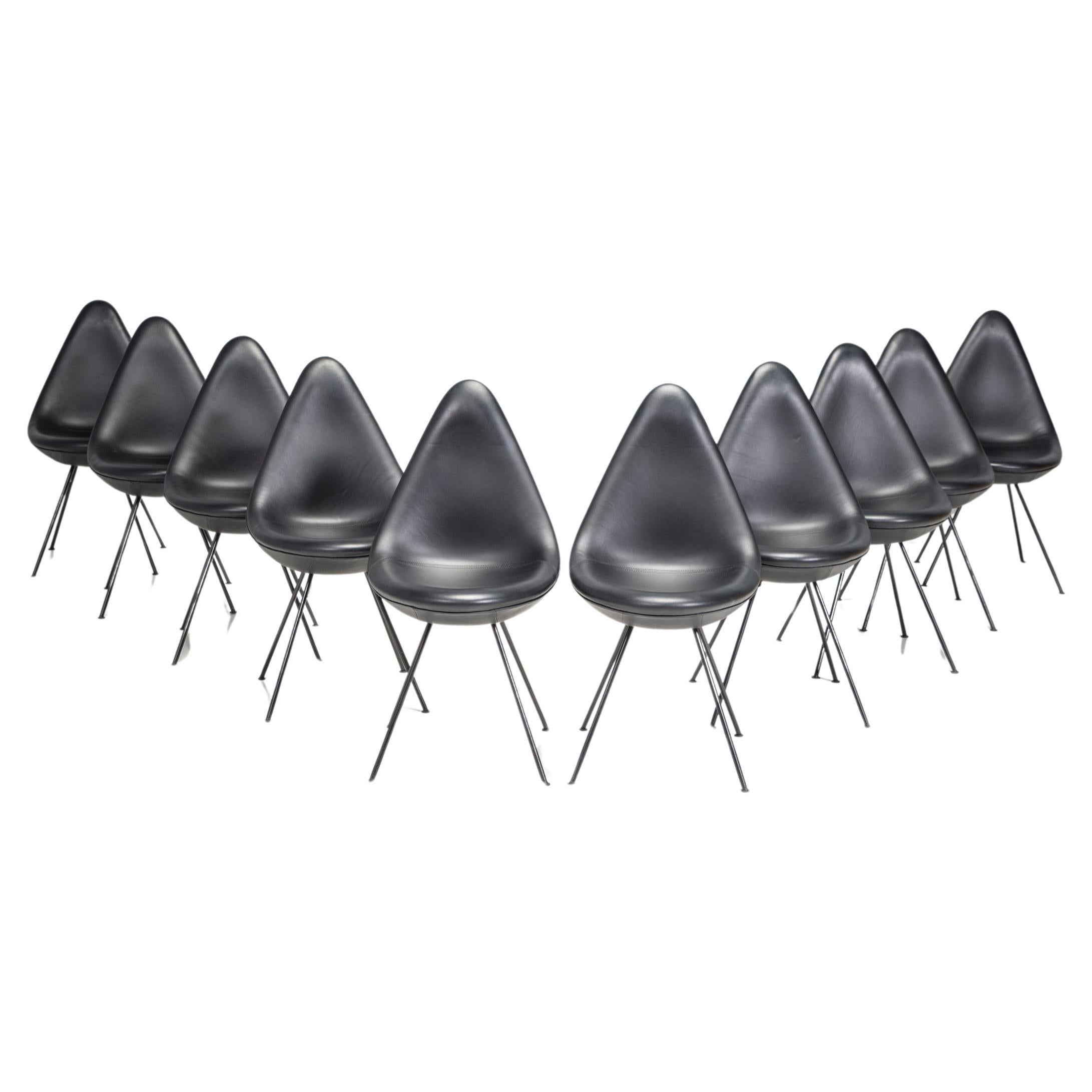Fritz Hansen by Arne Jacobsen Black Leather Model 3110 Drop Dining Chairs, Set10 For Sale