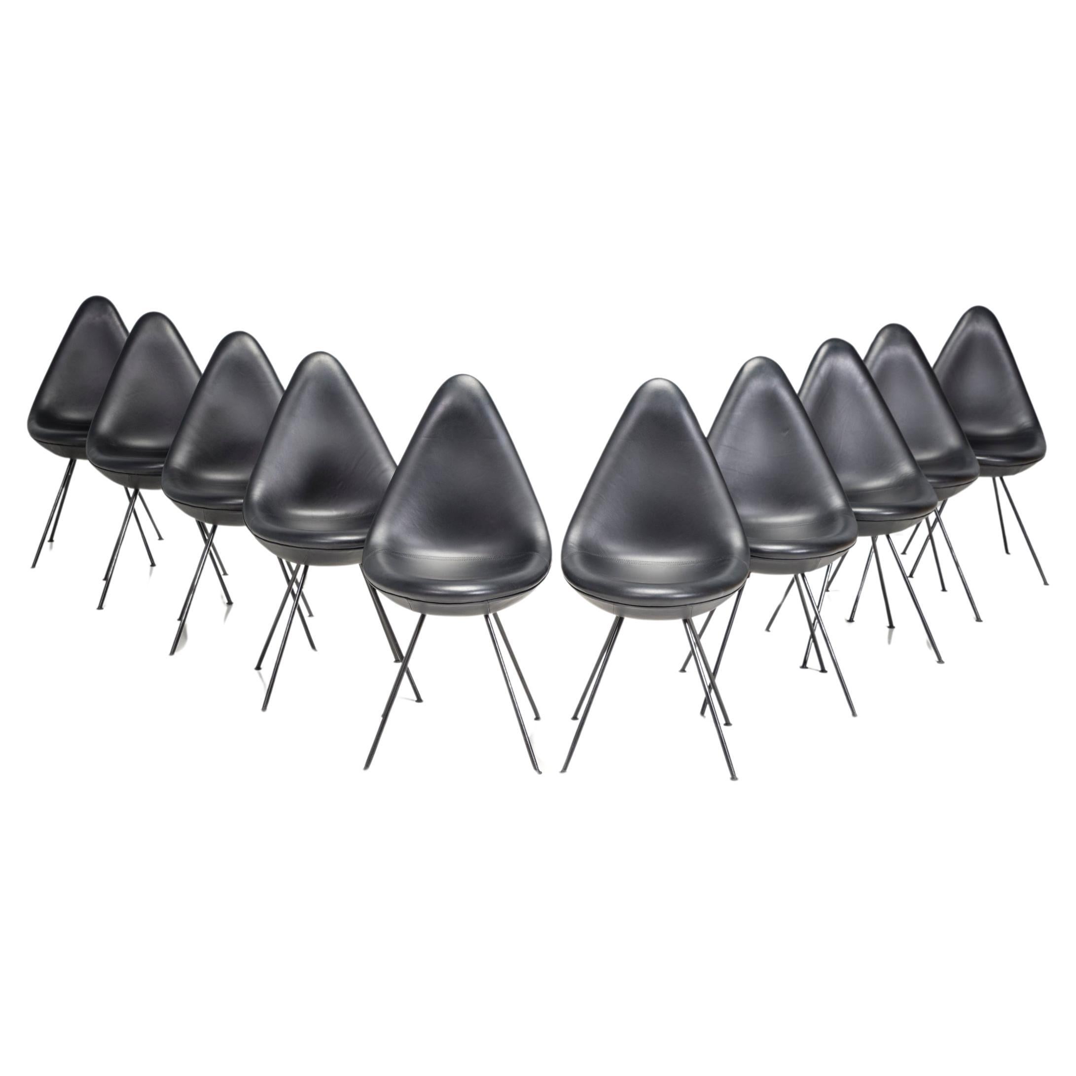 Fritz Hansen by Arne Jacobsen Black Leather Model 3110 Drop Dining Chairs, Set10