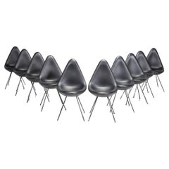 Used Fritz Hansen by Arne Jacobsen Black Leather Model 3110 Drop Dining Chairs, Set10