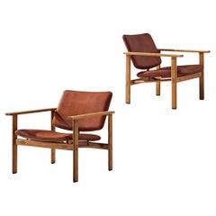 Arne Jacobsen for Fritz Hansen Easy Chairs in Oak and Cognac Leather