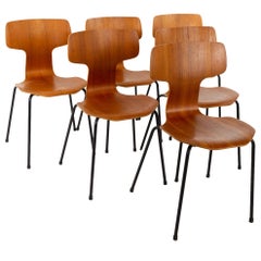 Arne Jacobsen for Fritz Hansen Model 3103 MCM Teak Hammer Dining Chairs, Set of