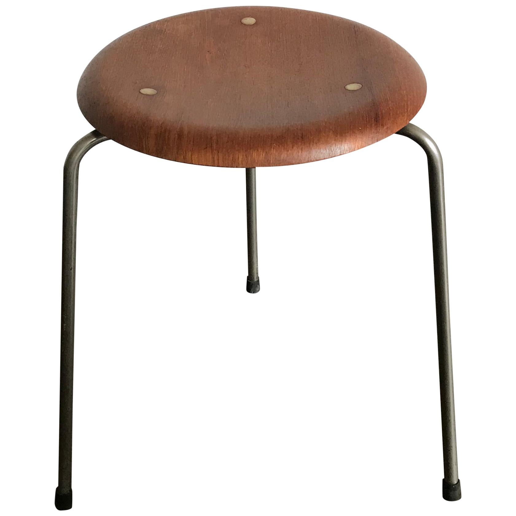 Arne Jacobsen for Fritz Hansen Scandinavian Brass Teak Dot Stool, 1950s