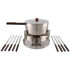 Vintage Arne Jacobsen for Stelton, "Cylinda Line" Fondue Set in Stainless Steel and Teak