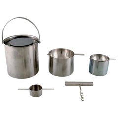 Arne Jacobsen for Stelton, "Cylinda Line" Ice Bucket, Two Ashtrays, Corkscrew