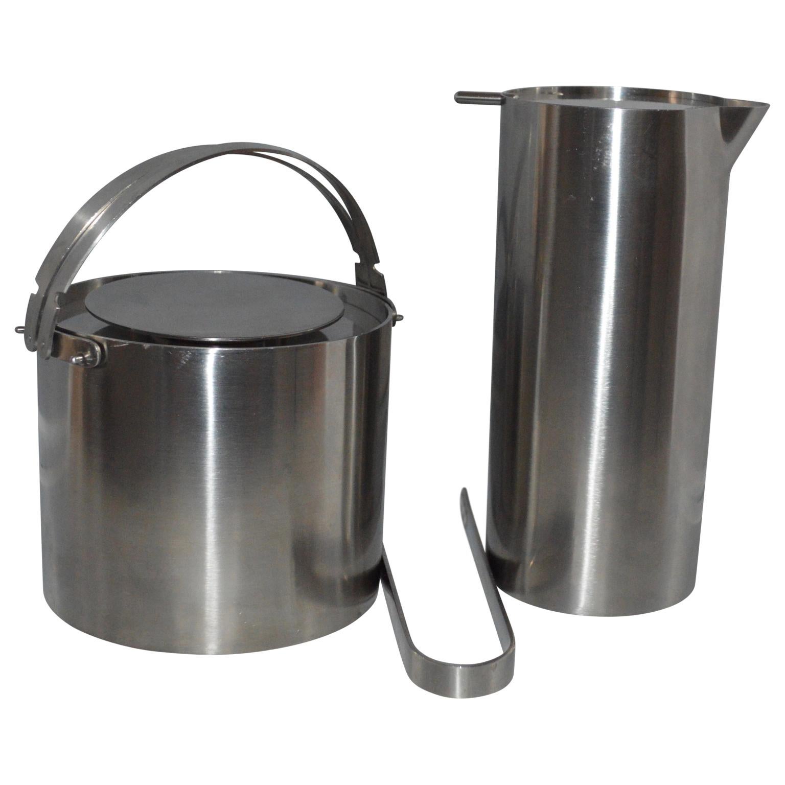 Mid-Century Modern Stelton Stainless Steel Bar Set, A Pitcher, Ice Bucket And Tongs, Denmark
