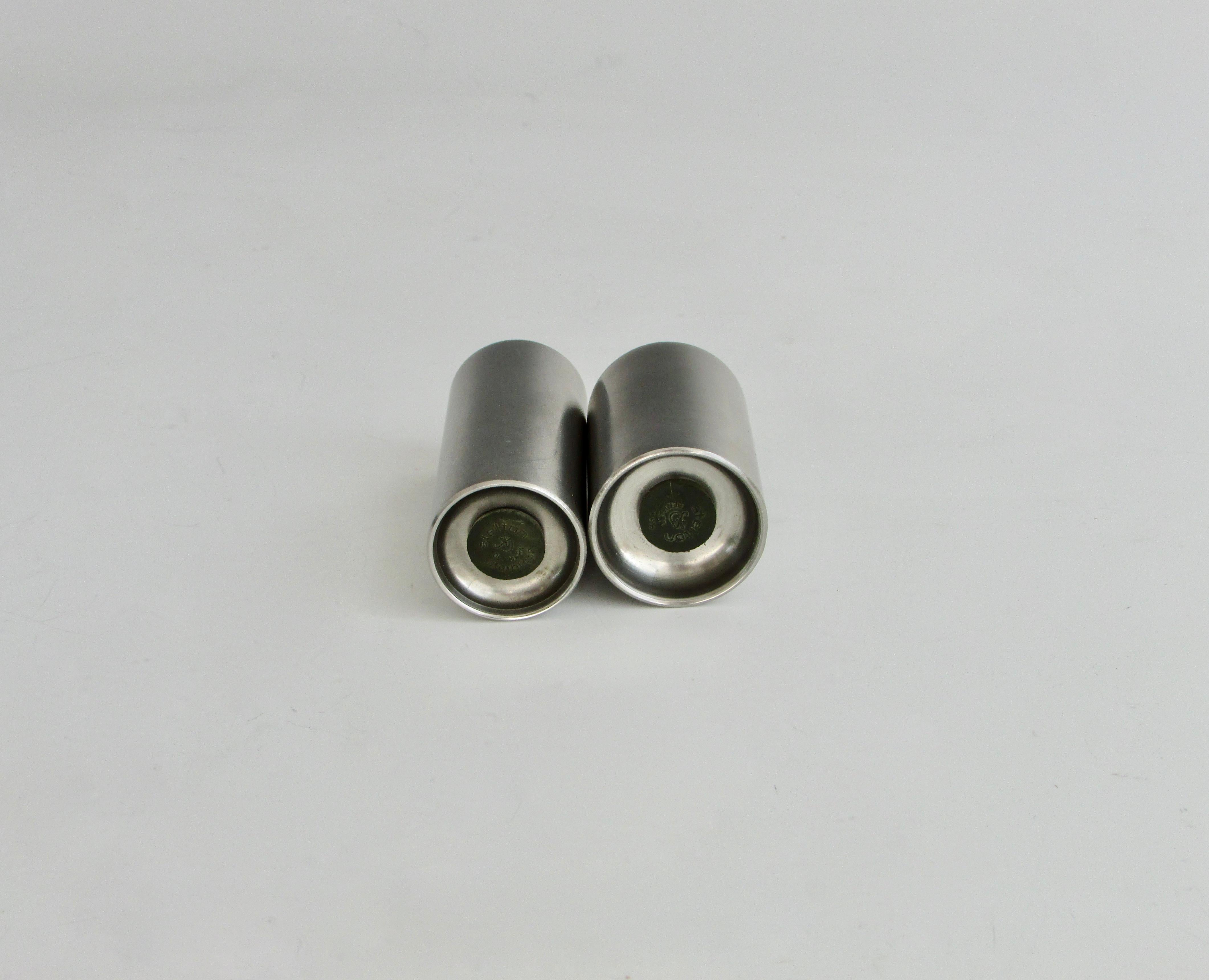 Mid-Century Modern Arne Jacobsen for Stelton Stainless Steel Cylinder Salt Pepper Shakers Denmark