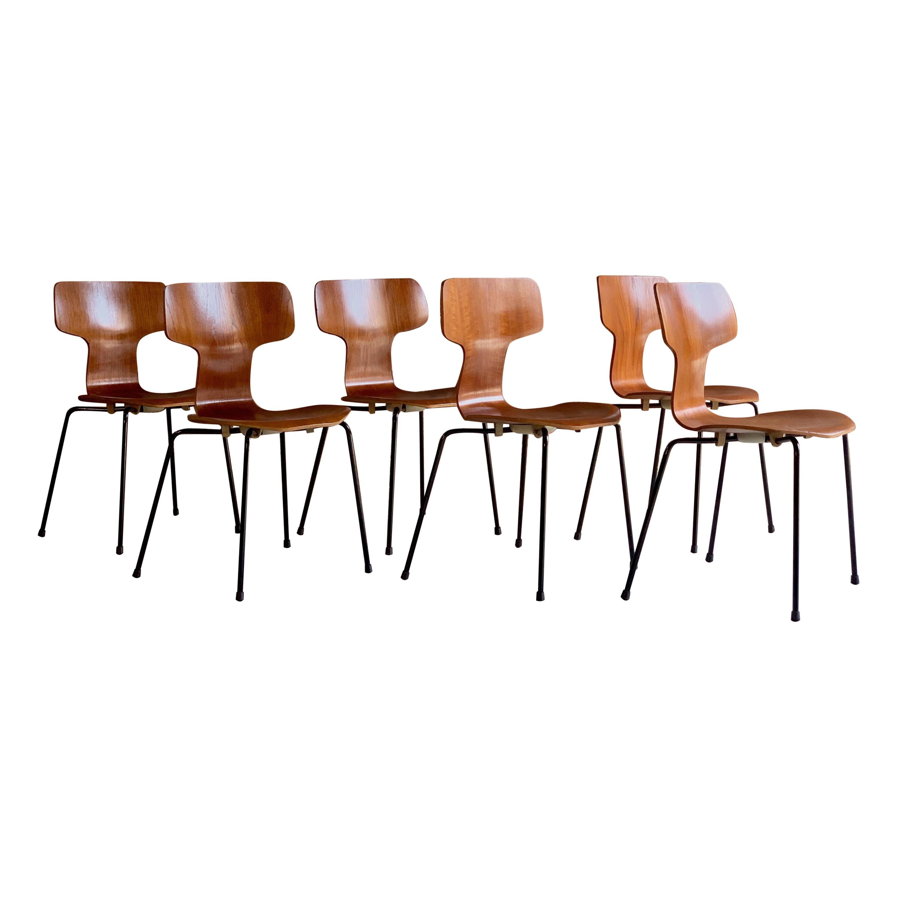 Arne Jacobsen Hammer Chairs for Fritz Hansen Model 3103 Set of Six, circa 1960s