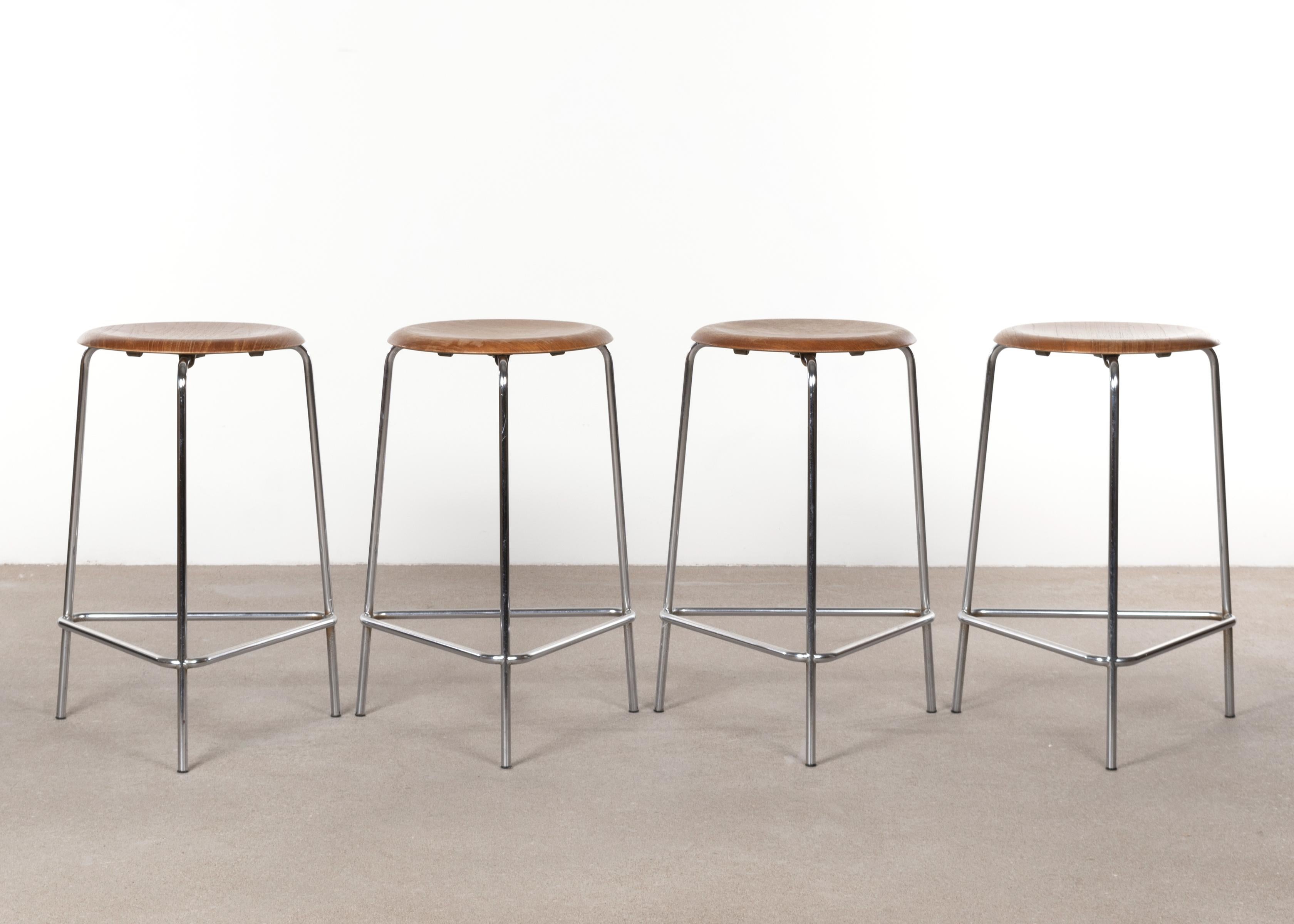 Rare Arne Jacobsen High DOT stools for Fritz Hansen, Denmark. Model M3170 was only in production in 1969. Tubular chrome-plated steel frames with teak plywood seats. Good untouched original condition. Signed with impressed manufacturer's mark.