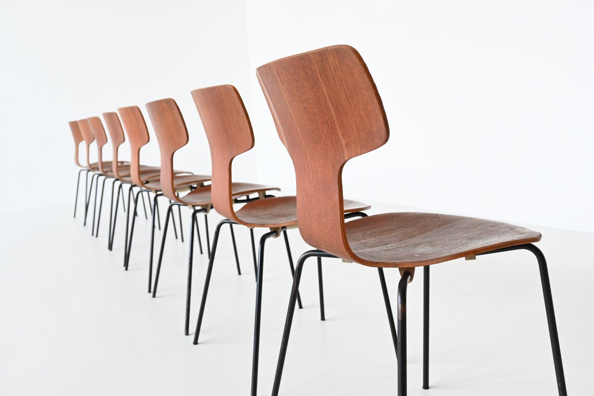 Lacquered Arne Jacobsen Model 3103 Hammer Chairs Teak Frits Hansen Denmark 1969