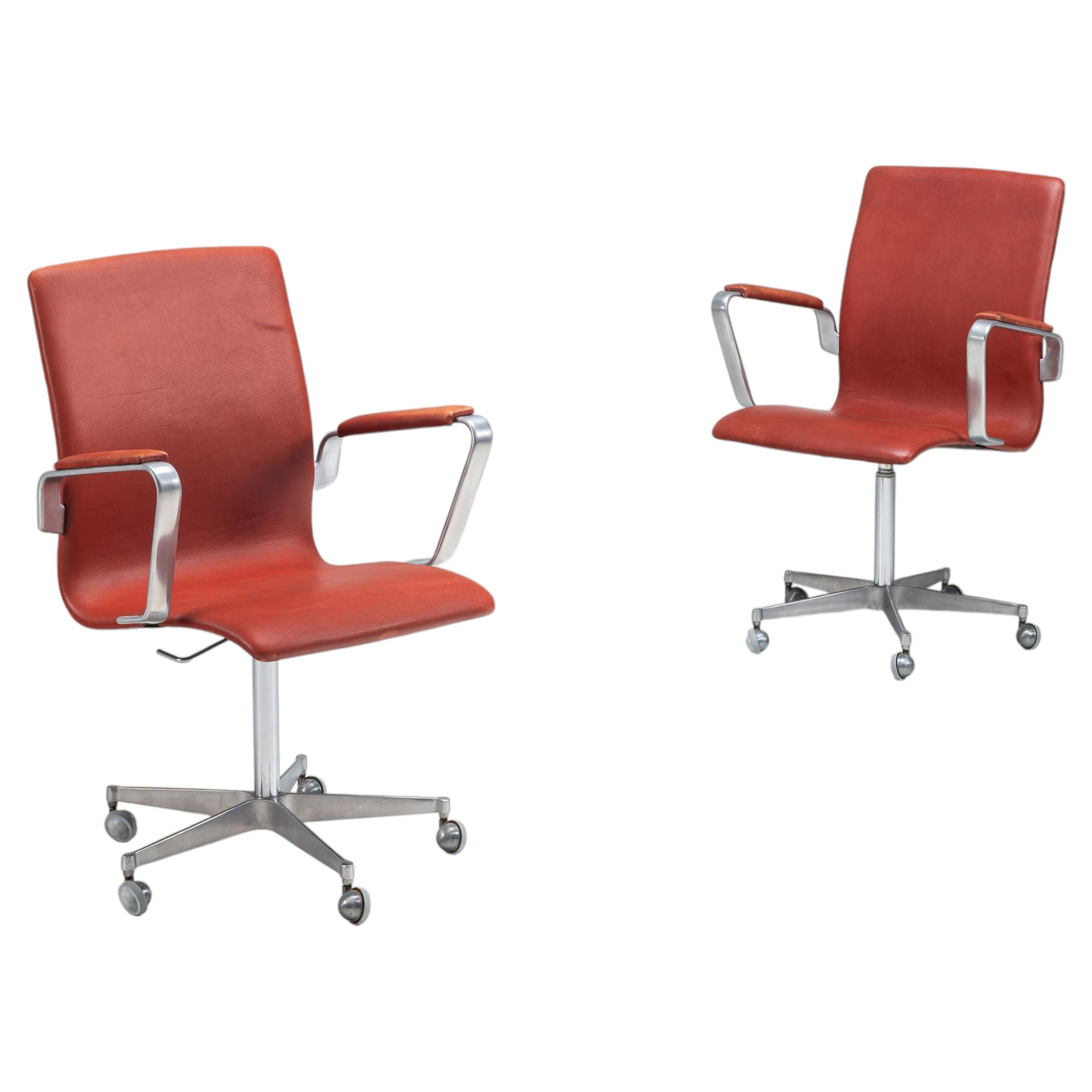 Arne Jacobsen Oxford office chairs in cognac leather Fritz Hansen Denmark 1967