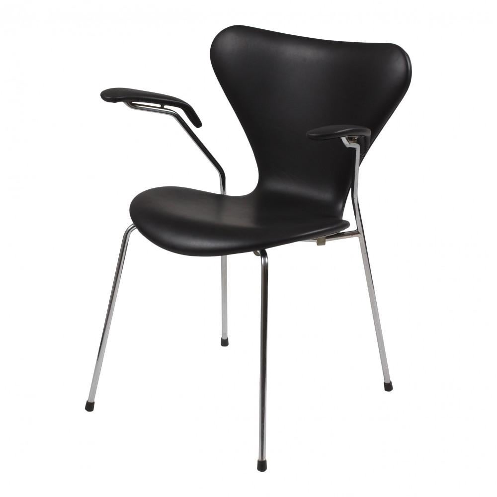 Danish Arne Jacobsen Seven Armchair, 3207, Newly Upholstered with Black Classic Leather For Sale