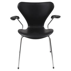 Used Arne Jacobsen Seven Armchair, 3207, Newly Upholstered with Black Classic Leather