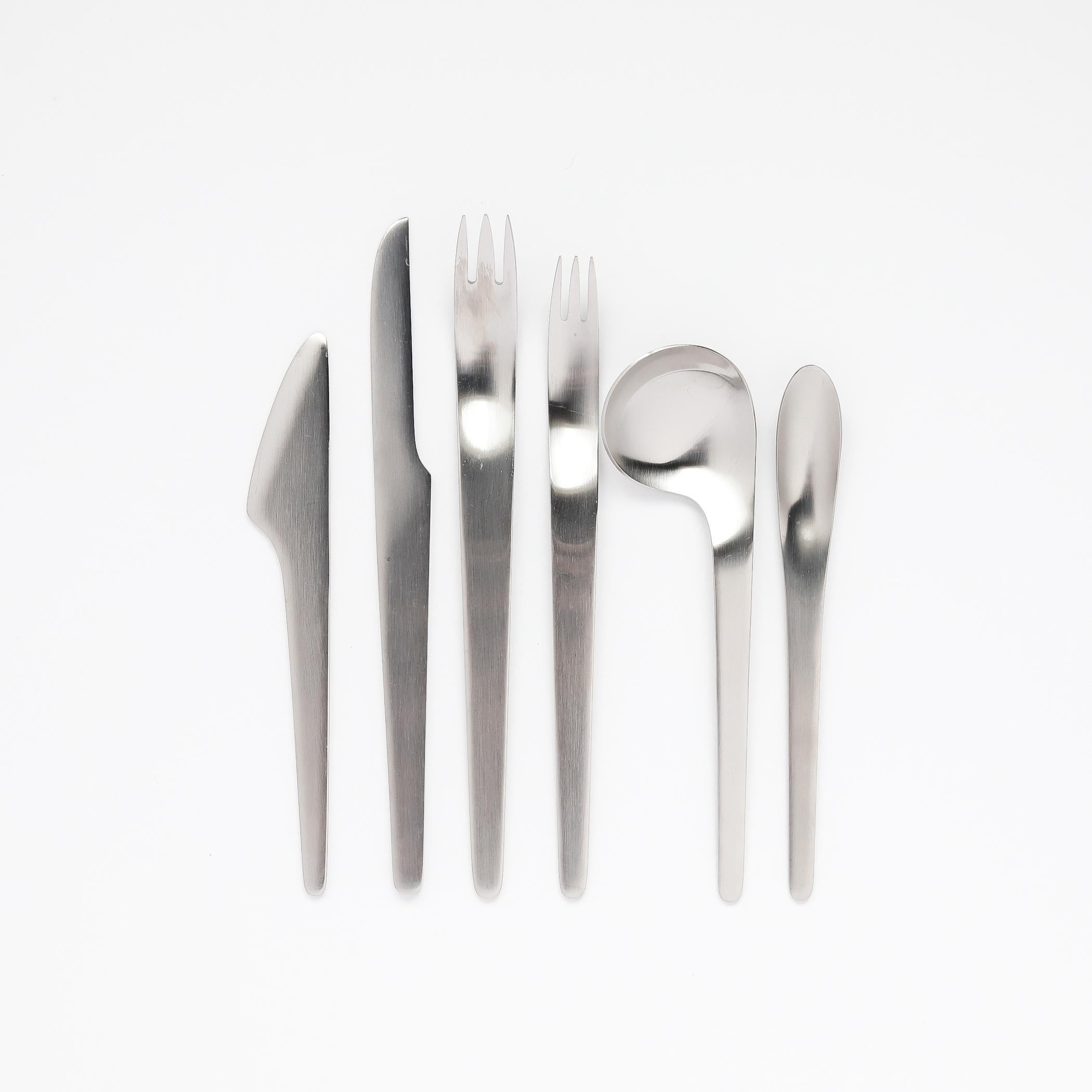 Stainless steel flatware service for 8, model 601, designed by Arne Jacobsen and produced by Danish manufacturer A. Michelsen. Jacobsen is also known for his space-age furniture designs such as the 'Egg' and 'Swan' chairs. 
 
Originally designed for