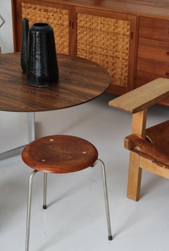 Arne Jacobsen Stool Model "AJ3170" in Teakwood & Brass, Fritz Hansen, 1950s