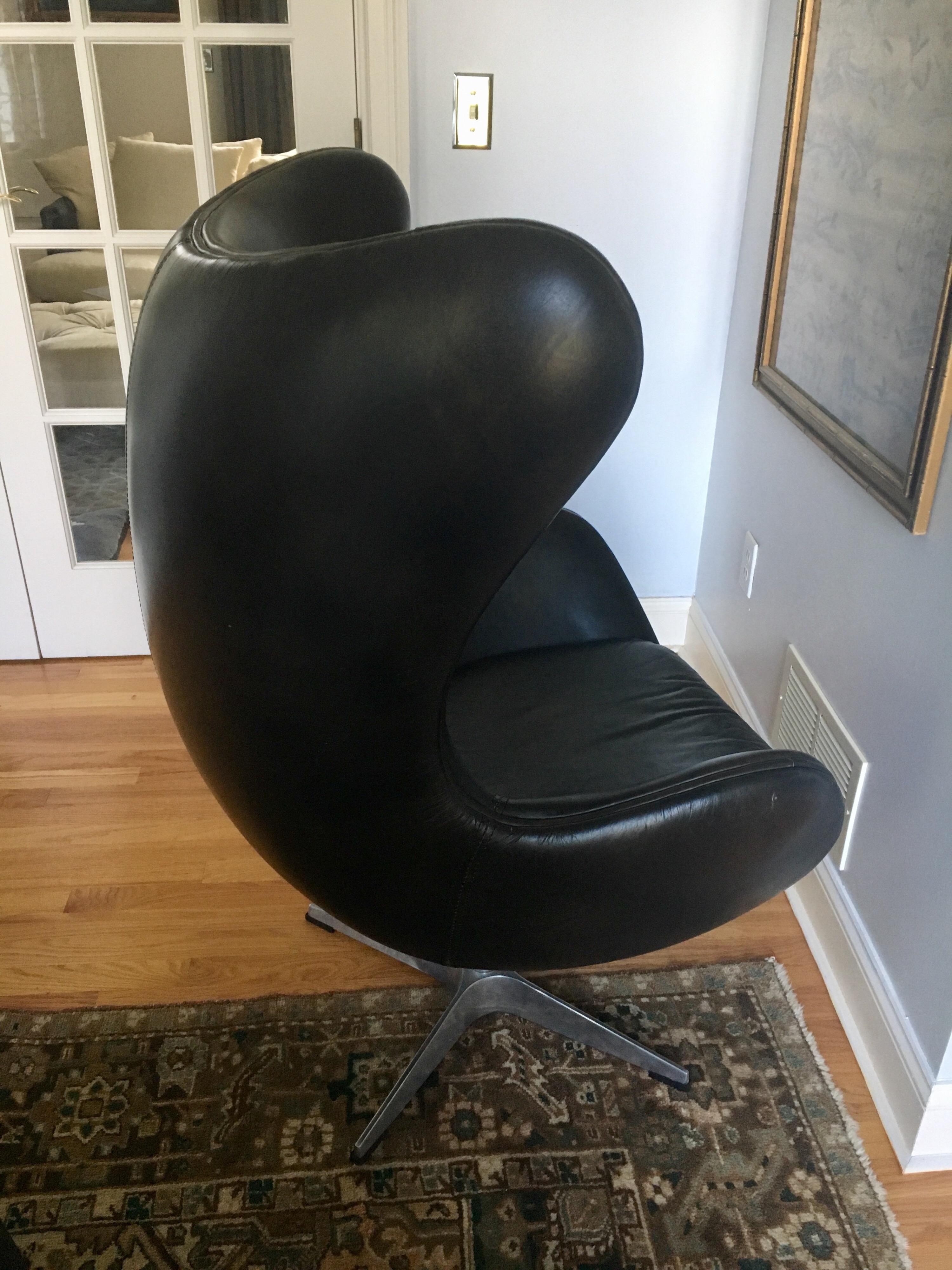 Arne Jacobsen Style Brown Leather Egg Swivel Chair Aluminum Danish Modern 2