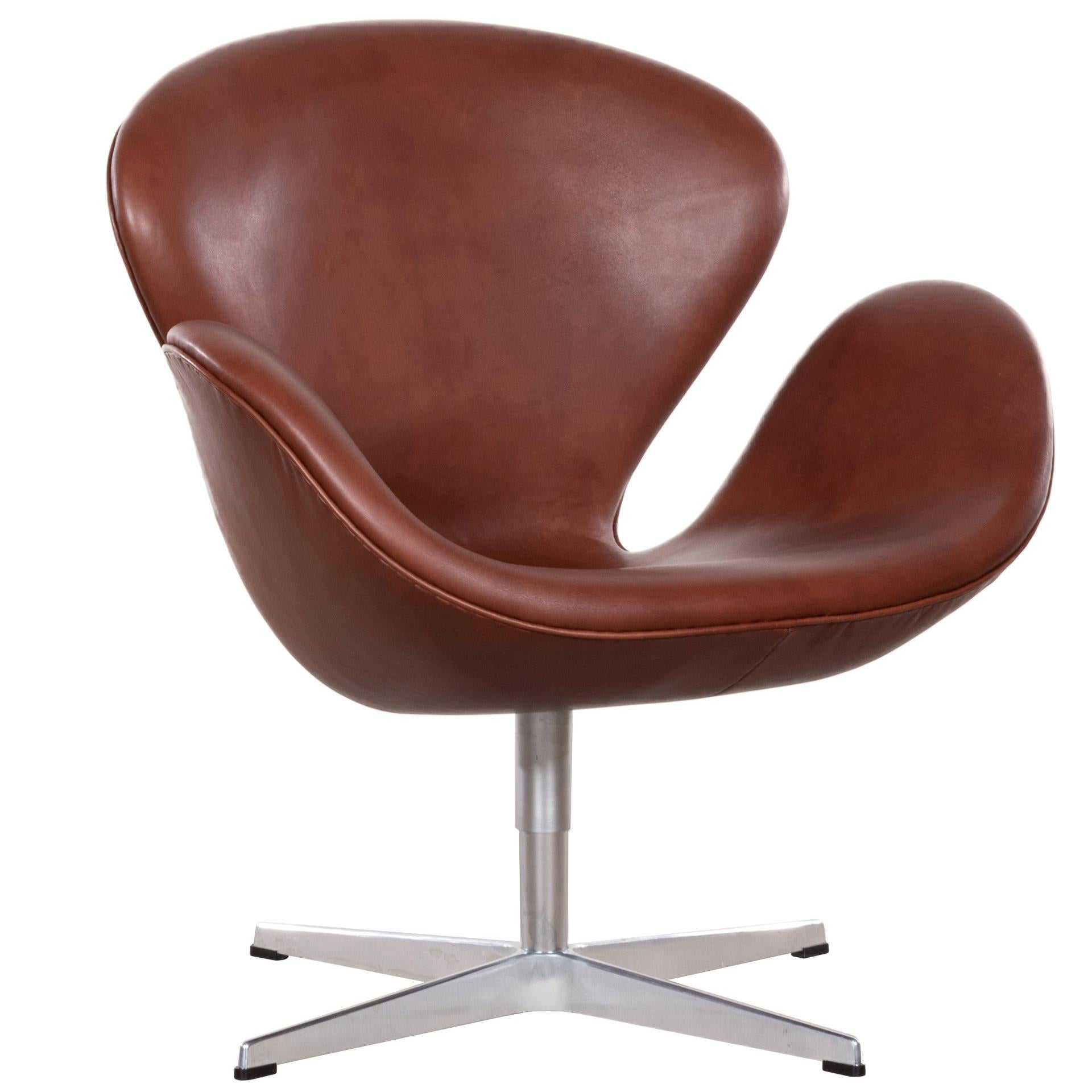 Arne Jacobsen Swan Chair 
Model 3320
 in Brown Leather for Fritz Hansen Denmark