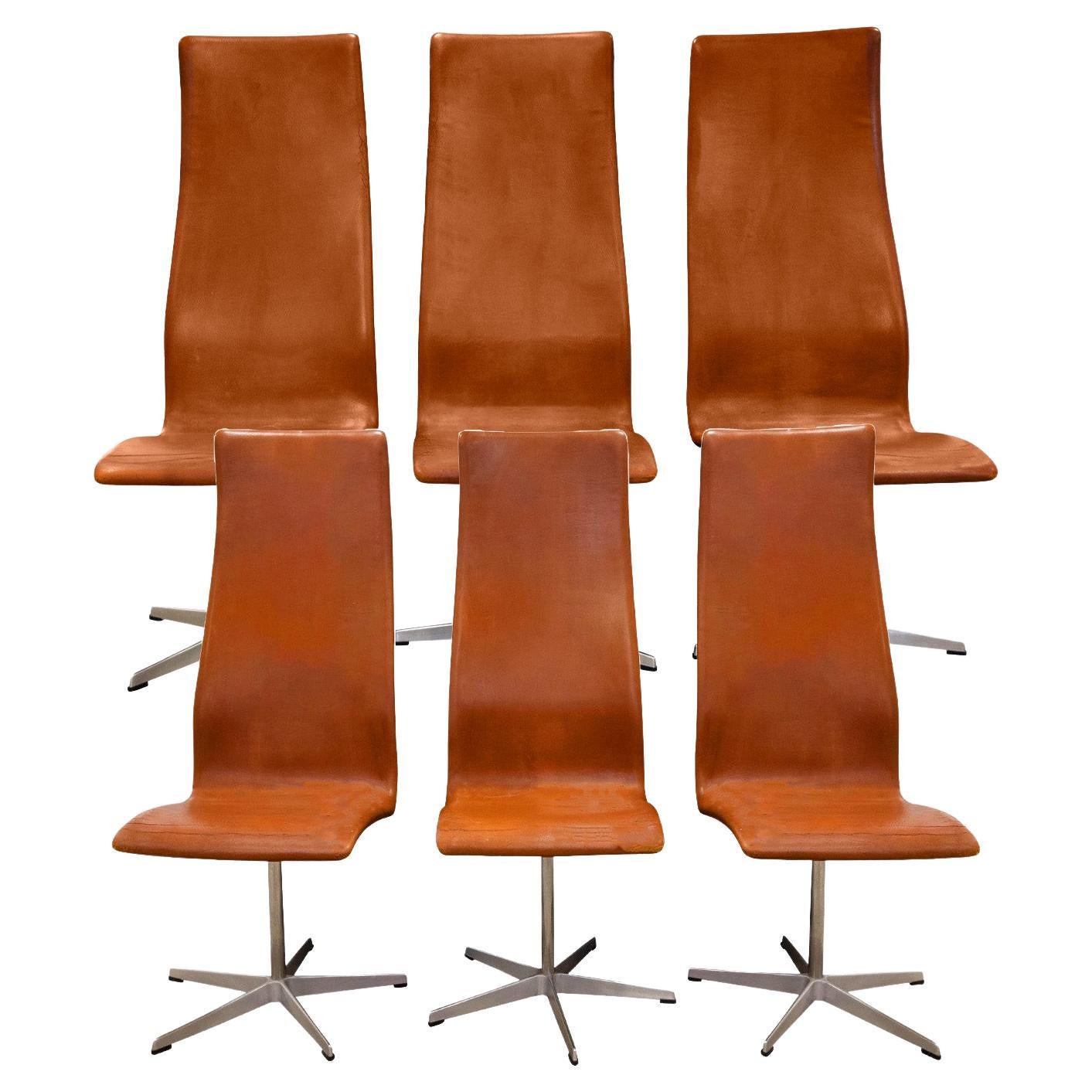 Arne Jacobson Set of 6 High Back Dining Chairs in Camel Leather 1960s, 'Signed'