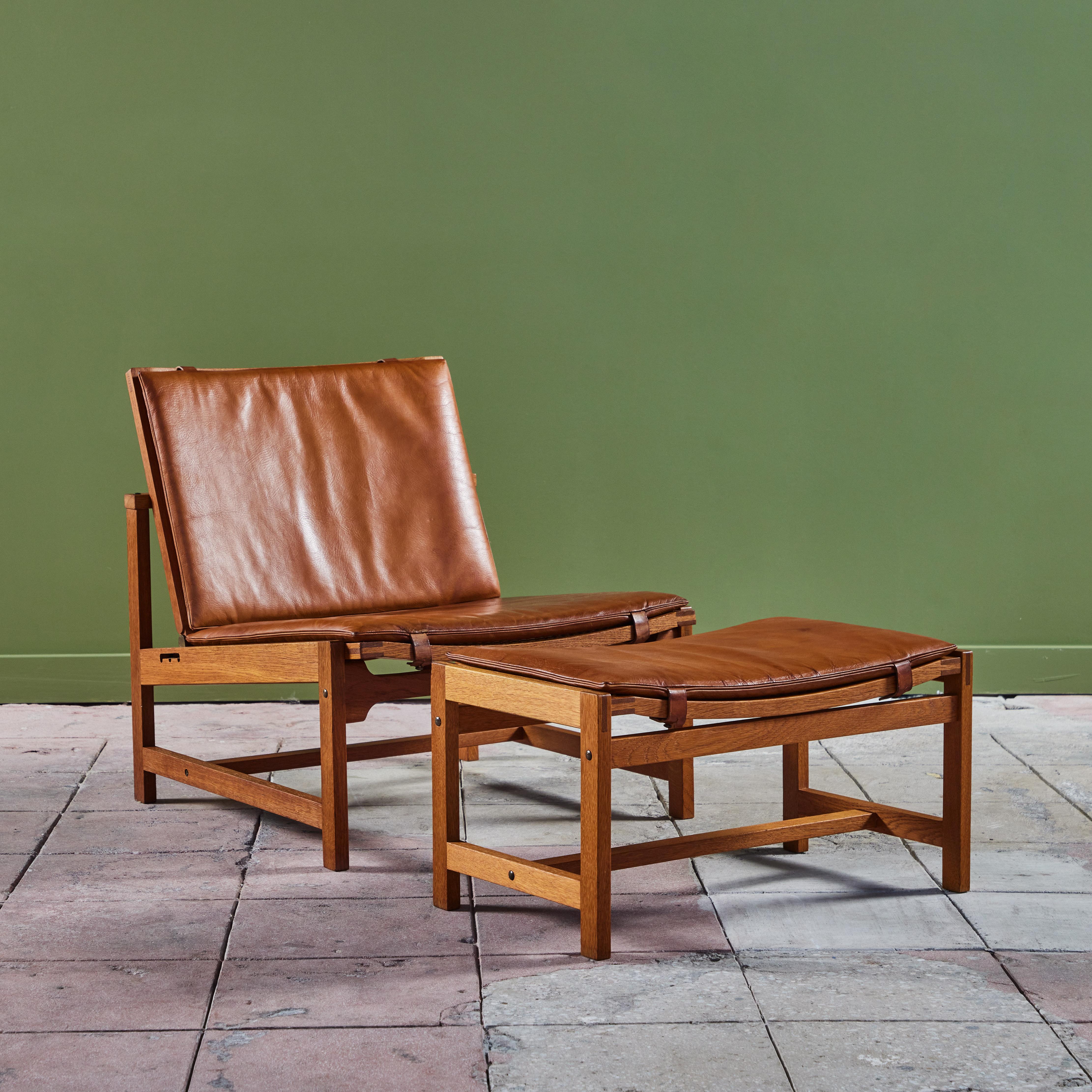 Mid-Century Modern Arne Karlsen and Peter Hjort Leather and Cane Lounge Chair and Ottoman