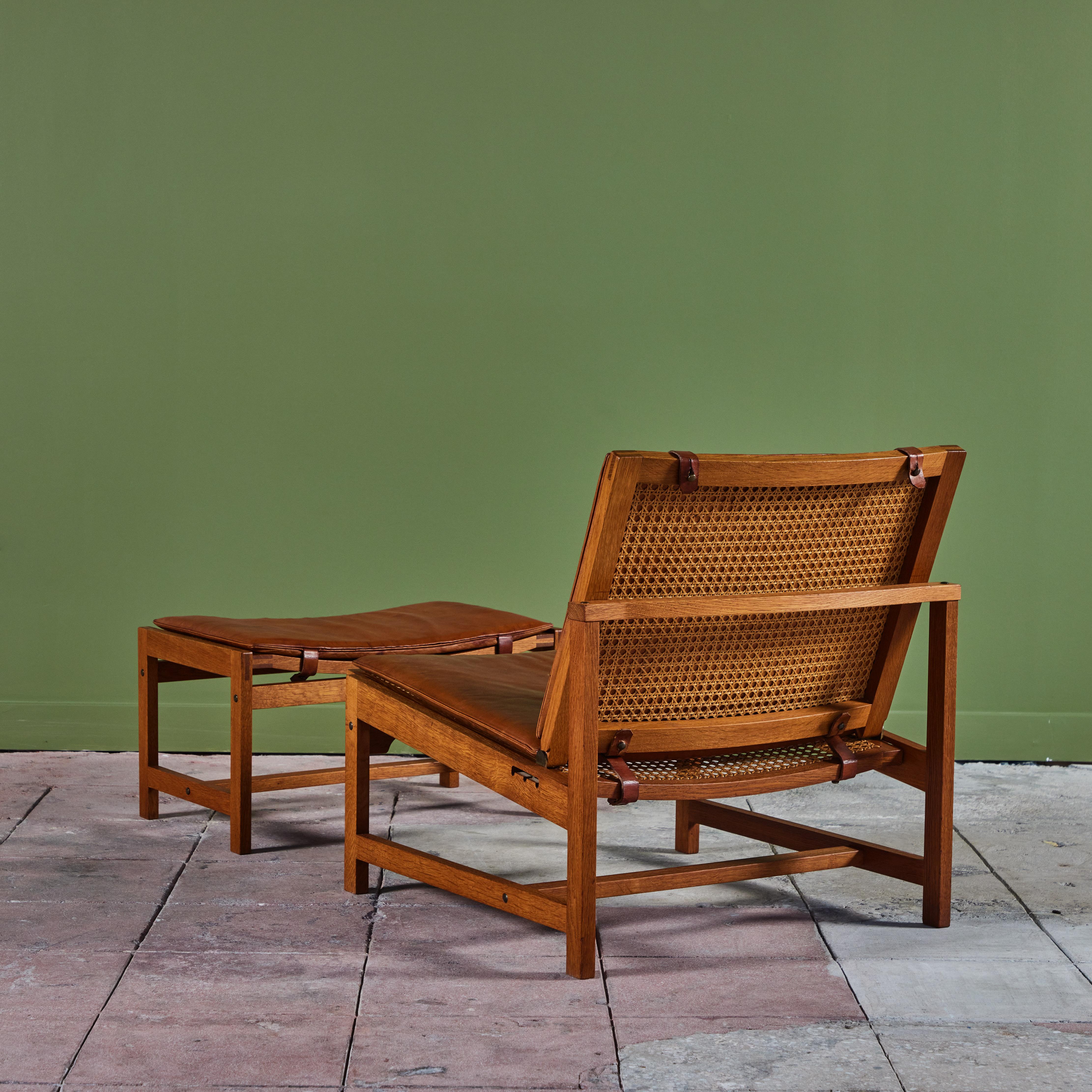 Mid-20th Century Arne Karlsen and Peter Hjort Leather and Cane Lounge Chair and Ottoman