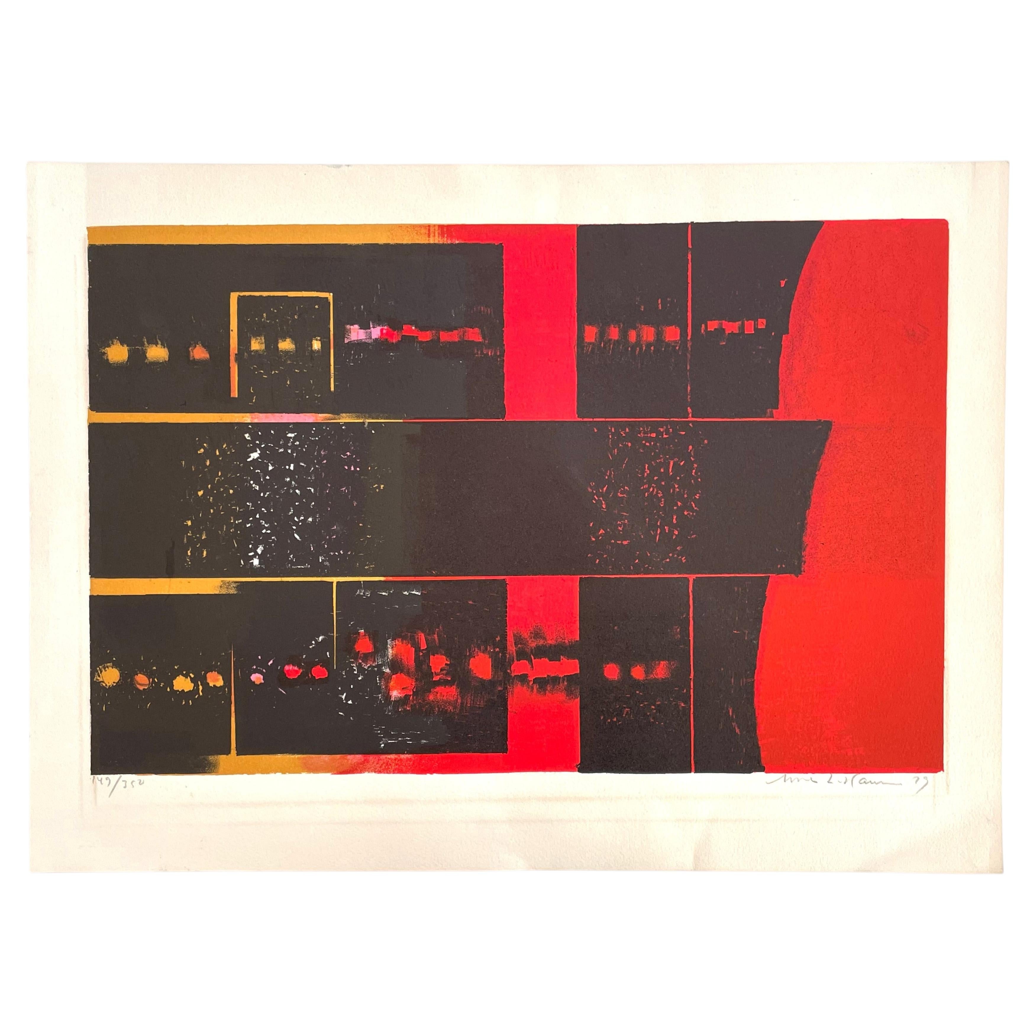 Bold Abstract Print on Paper, Red and Black, Signed, Arne L. Hansen For Sale