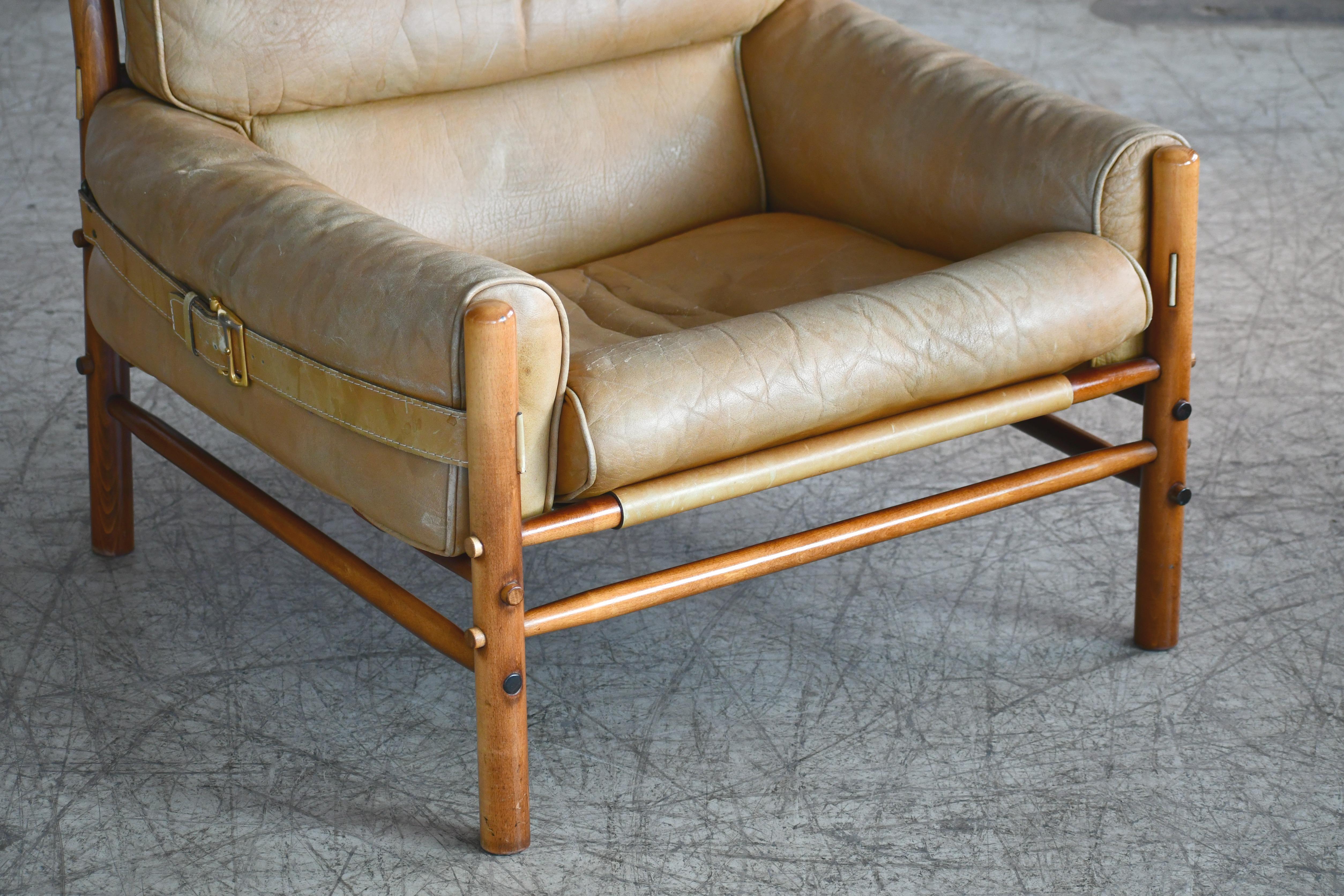 Mid-Century Modern Arne Norell 1960s Safari Easy Chair Low Model Inca in Patinated Tan Leather