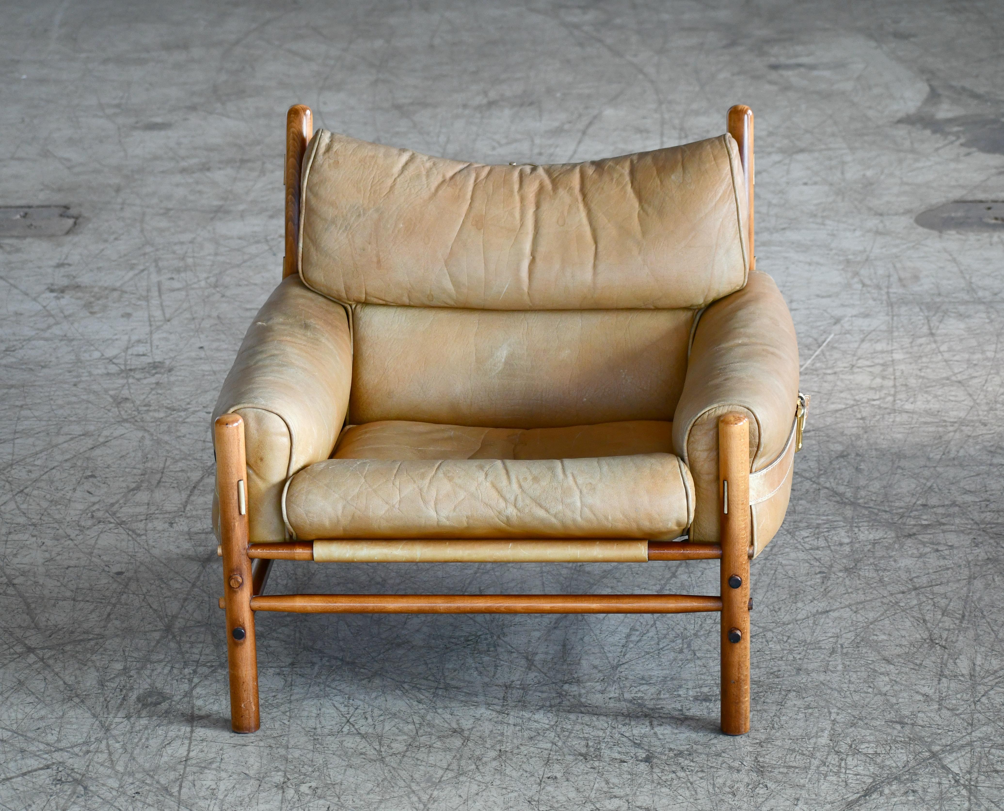 Swedish Arne Norell 1960s Safari Easy Chair Low Model Inca in Patinated Tan Leather