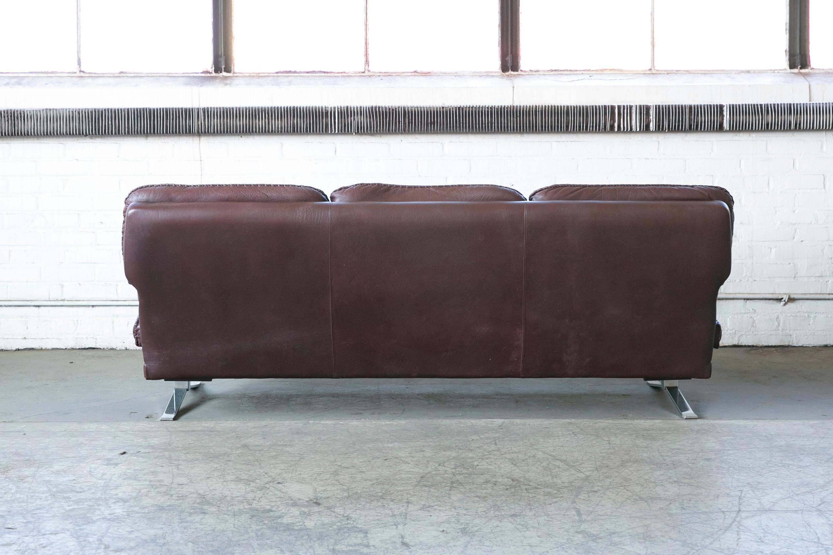 Arne Norell 1970s Three-Seat Sofa in Brown Buffalo Leather with Chrome Base For Sale 3