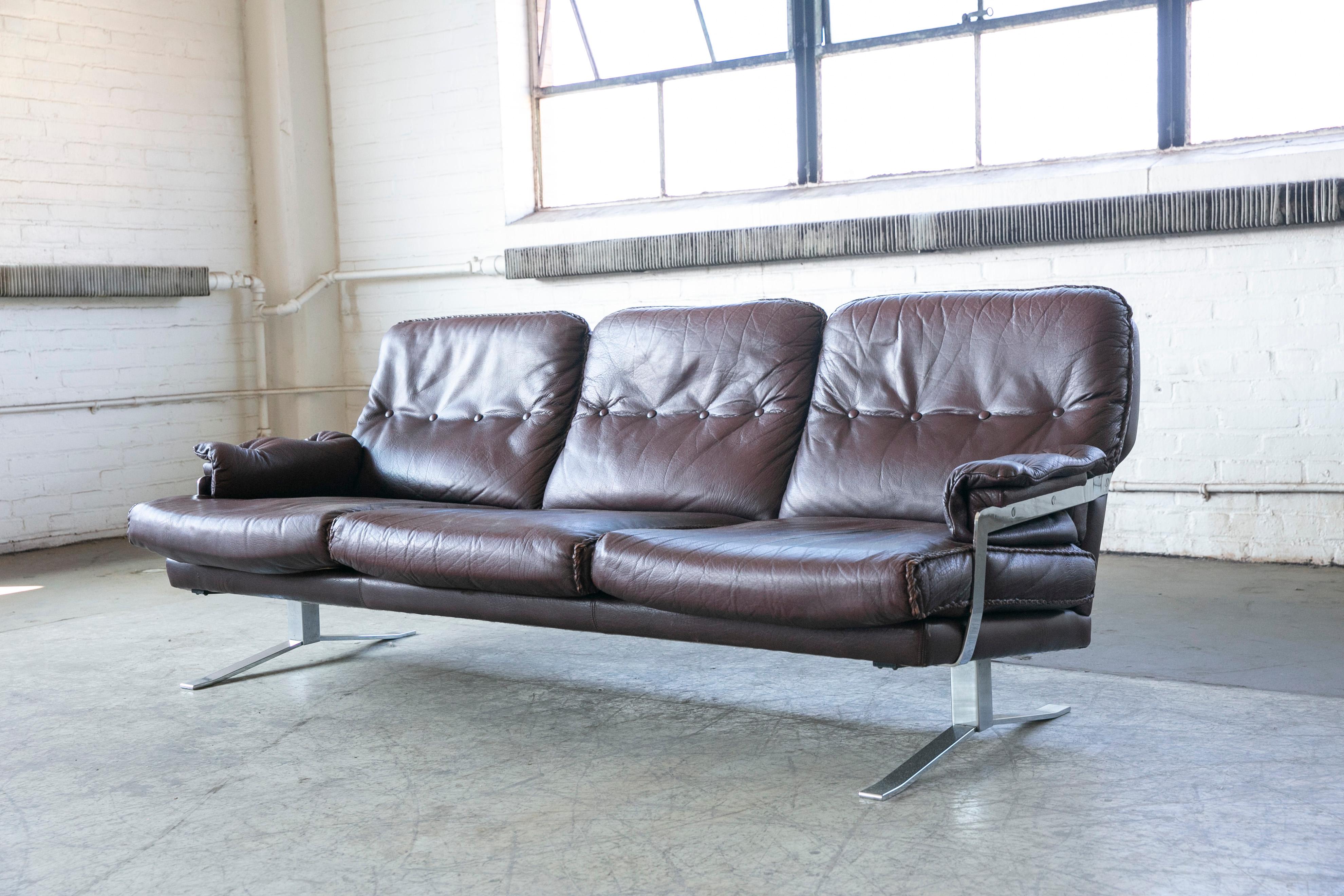 Mid-Century Modern Arne Norell 1970s Three-Seat Sofa in Brown Buffalo Leather with Chrome Base For Sale