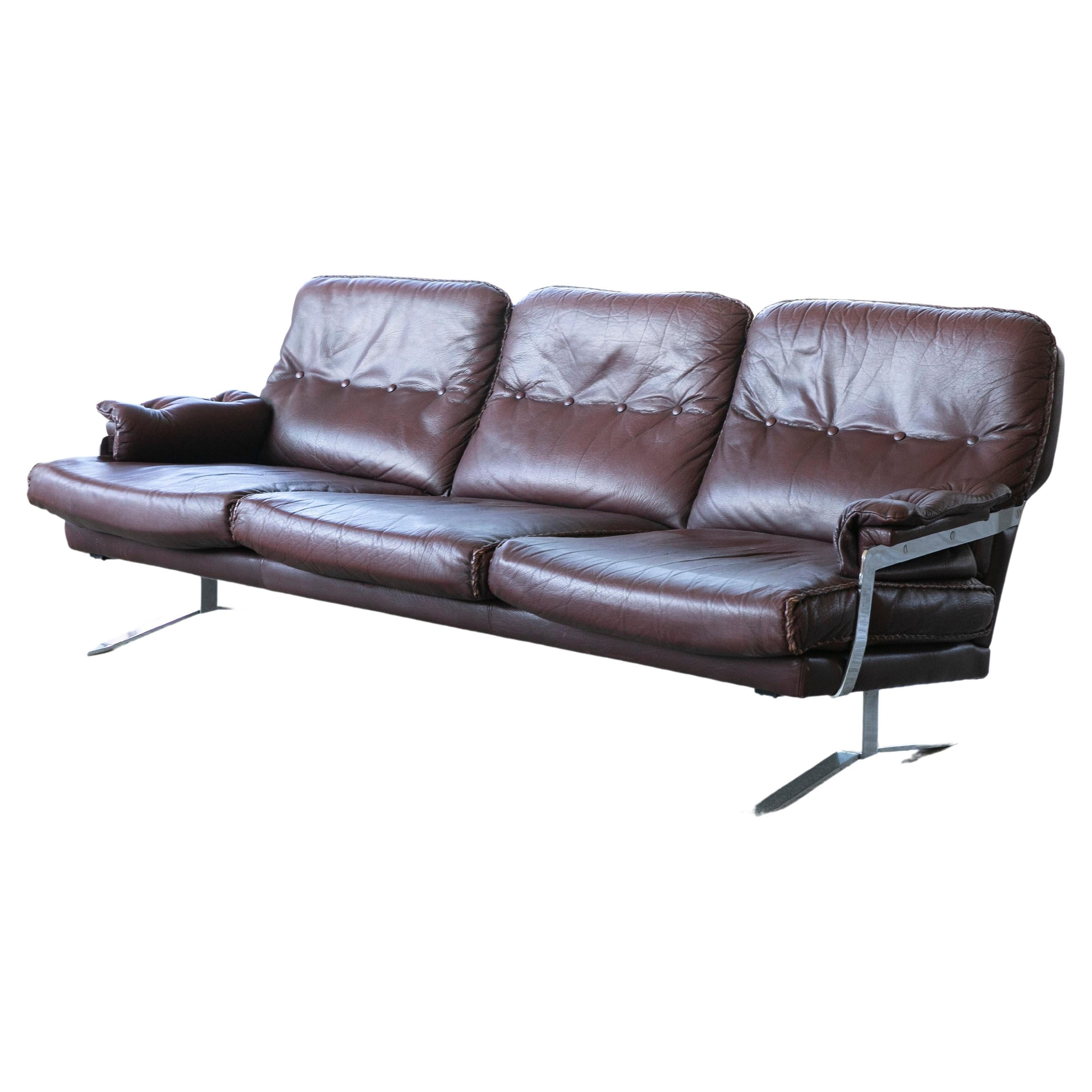 Arne Norell 1970s Three-Seat Sofa in Brown Buffalo Leather with Chrome Base