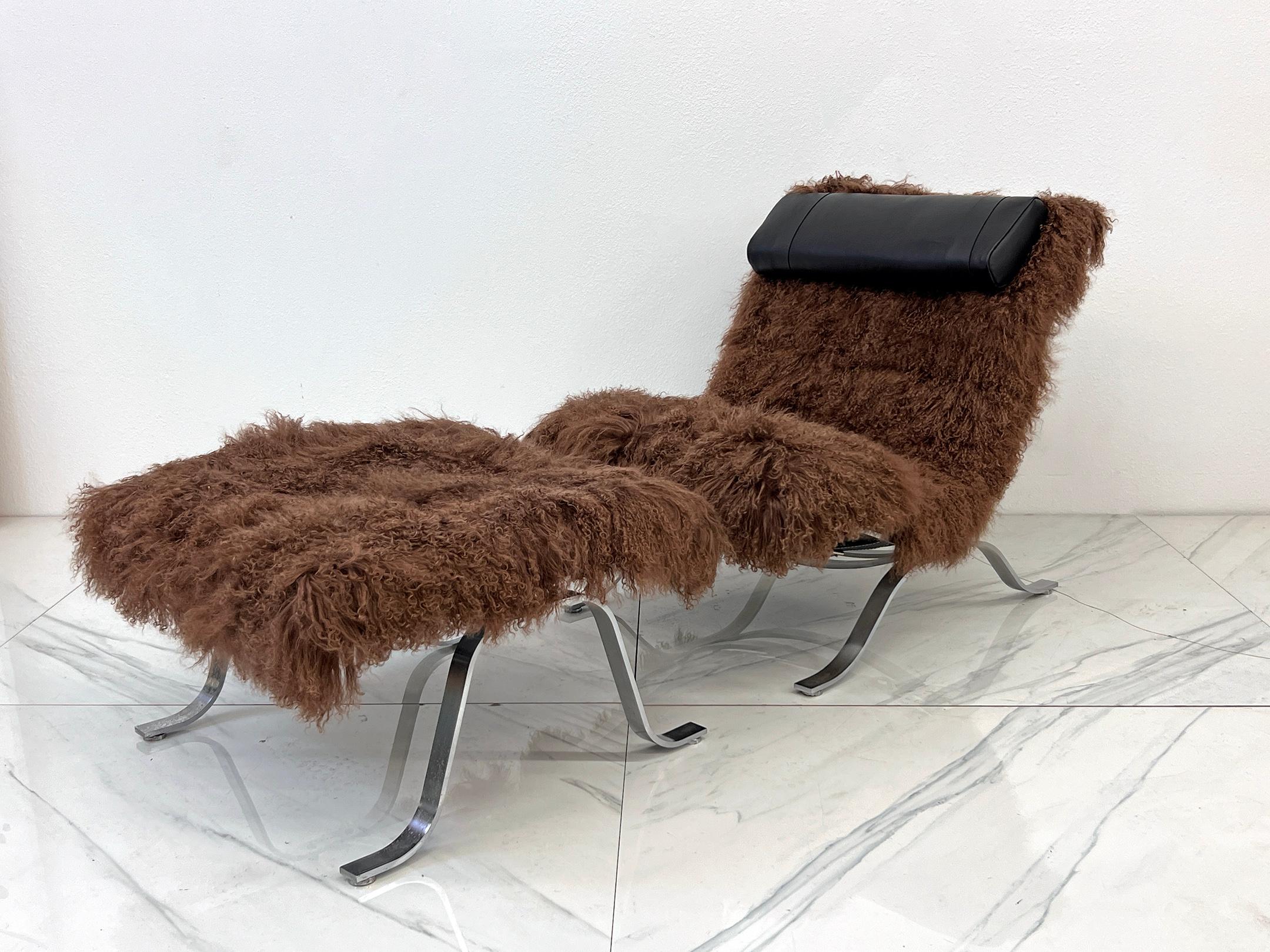 Mid-Century Modern Arne Norell Ari Chair + Ottoman in Chocolate Mongolian Sheepskin, 1970's, Sweden For Sale