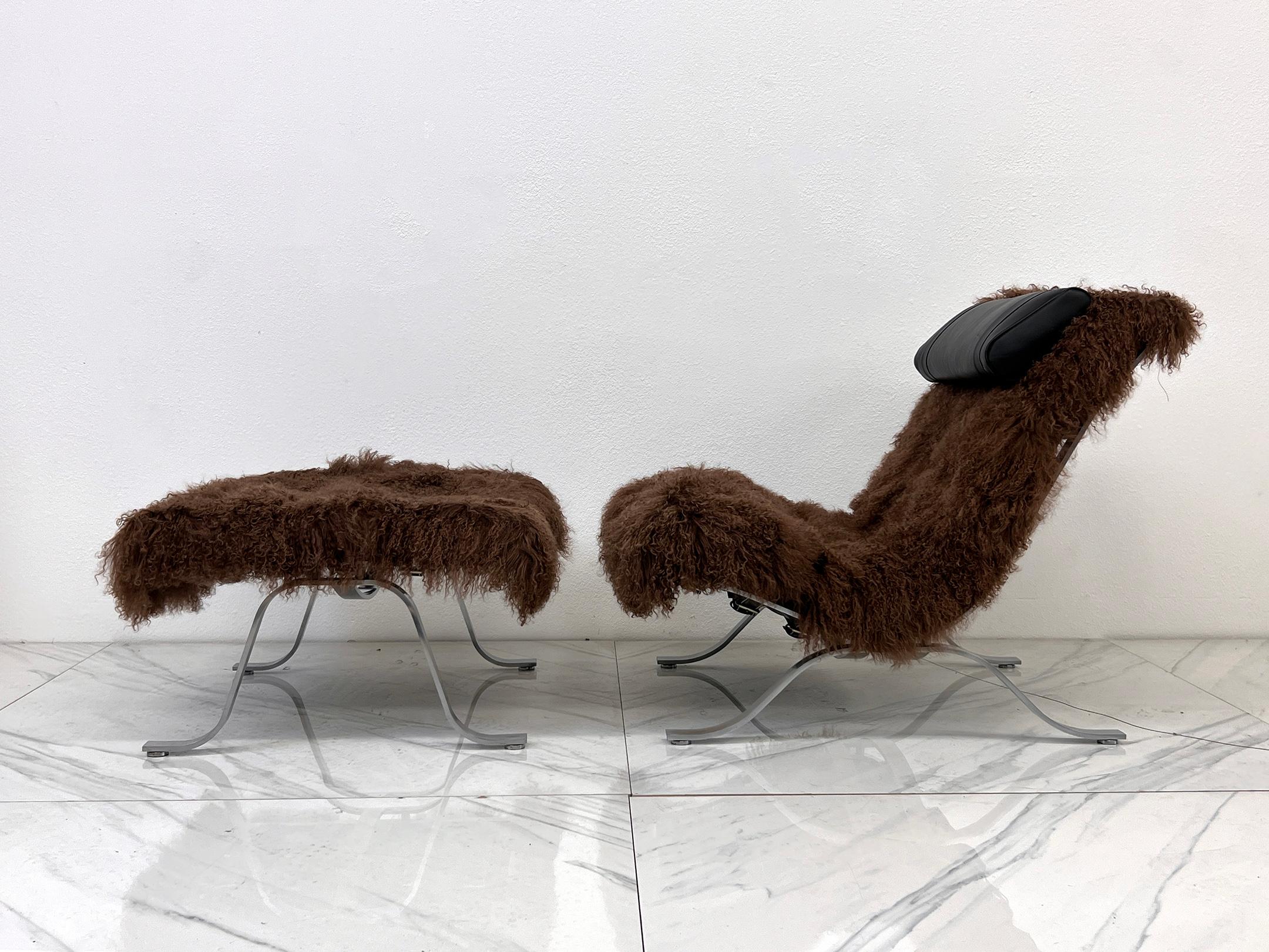 Swedish Arne Norell Ari Chair + Ottoman in Chocolate Mongolian Sheepskin, 1970's, Sweden For Sale