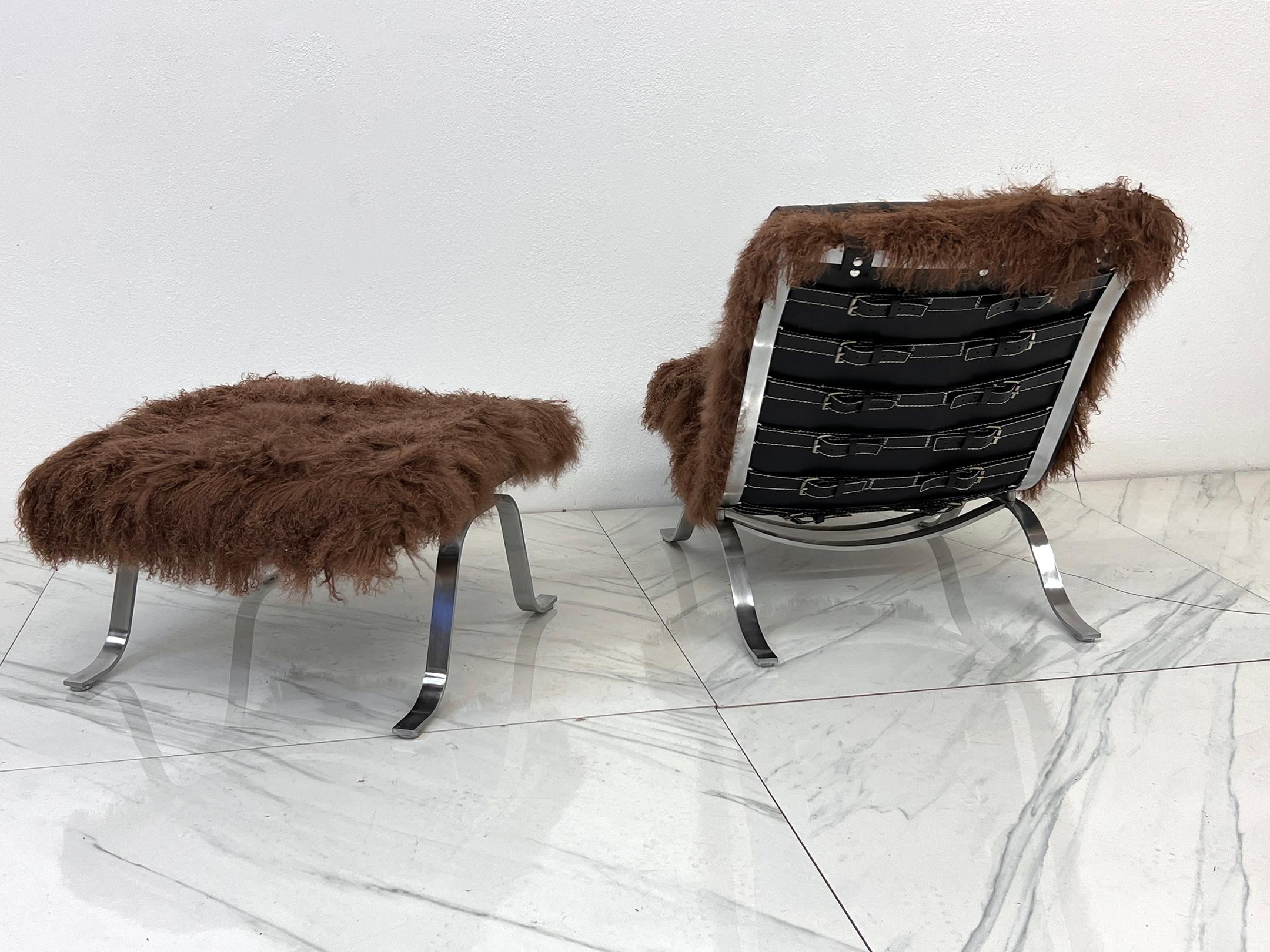 Late 20th Century Arne Norell Ari Chair + Ottoman in Chocolate Mongolian Sheepskin, 1970's, Sweden For Sale