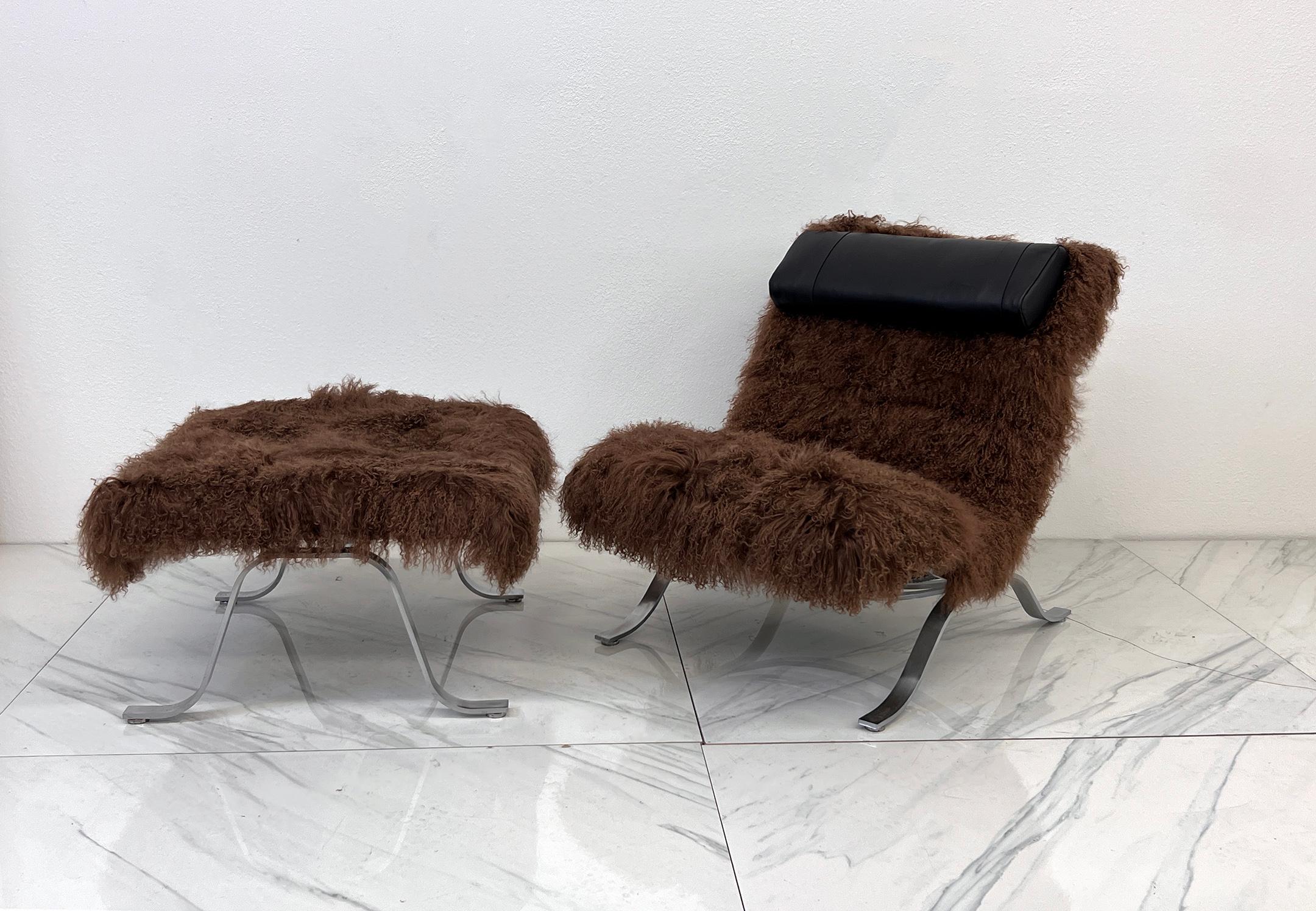 Arne Norell Ari Chair + Ottoman in Chocolate Mongolian Sheepskin, 1970's, Sweden For Sale 1